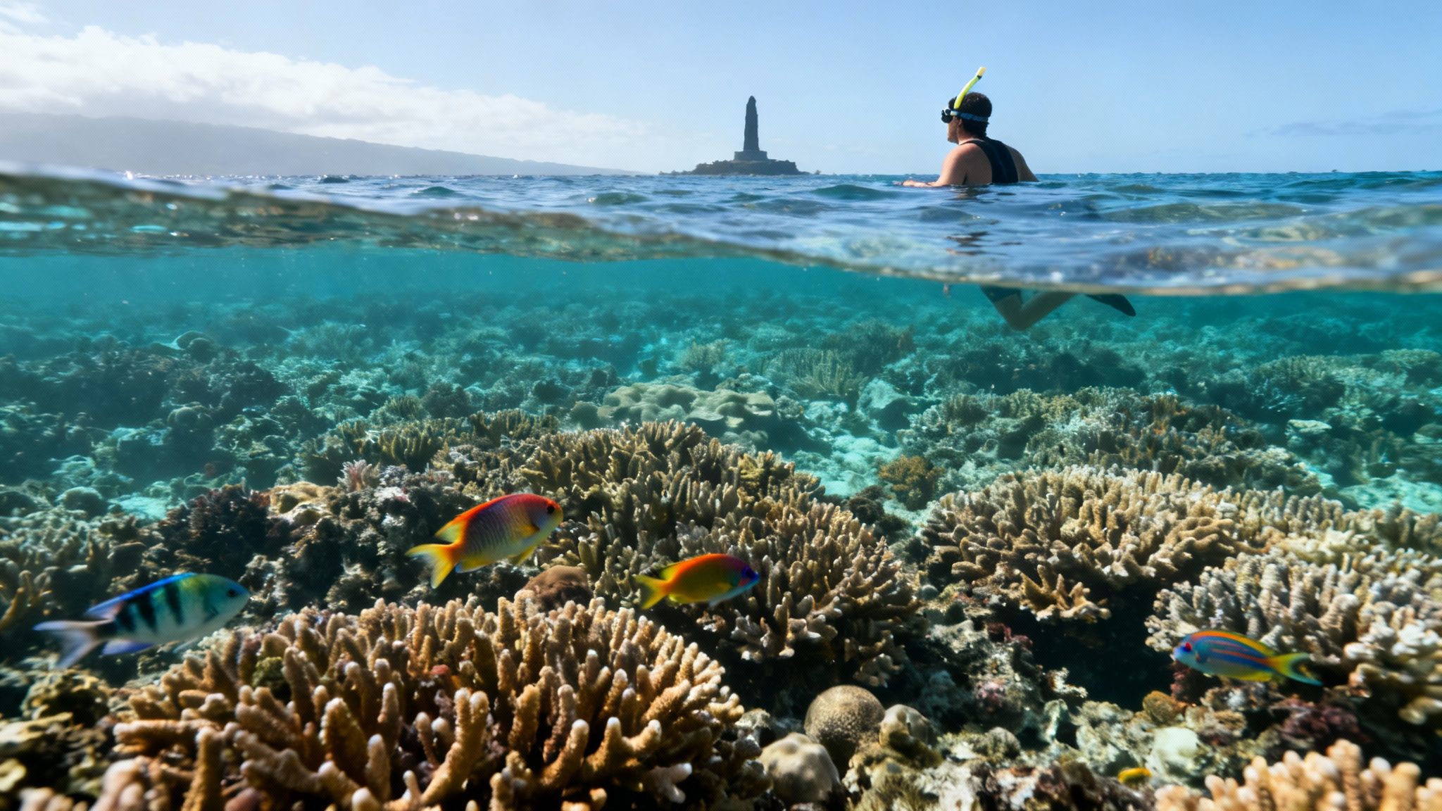 Split-level shot of a snorkeler admiring a vibrant coral reef with colorful fish and a distant island.