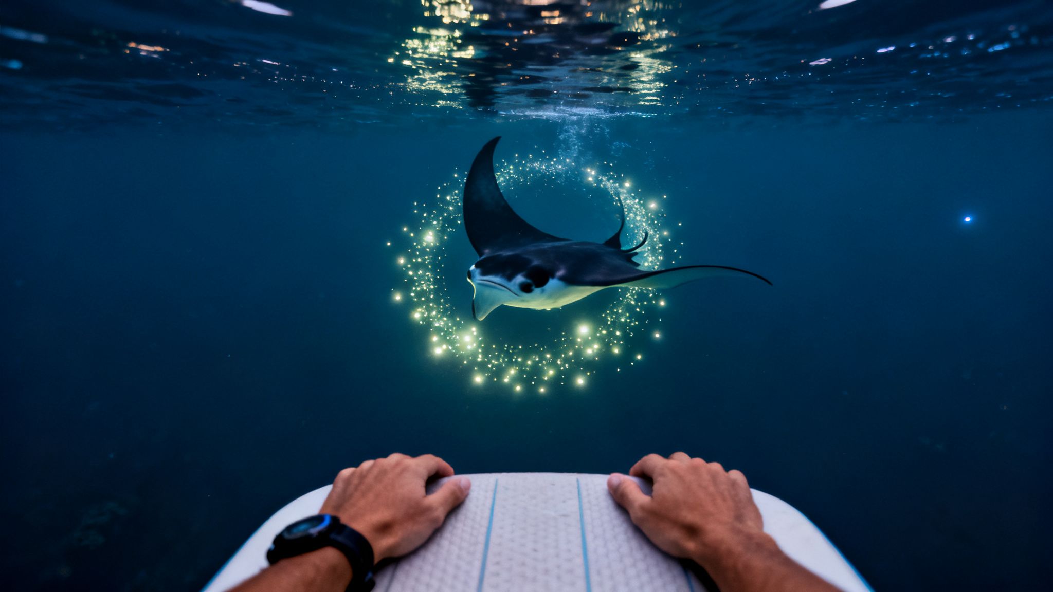 A person's hands on a surfboard overlooking a magical manta ray in bioluminescent water.