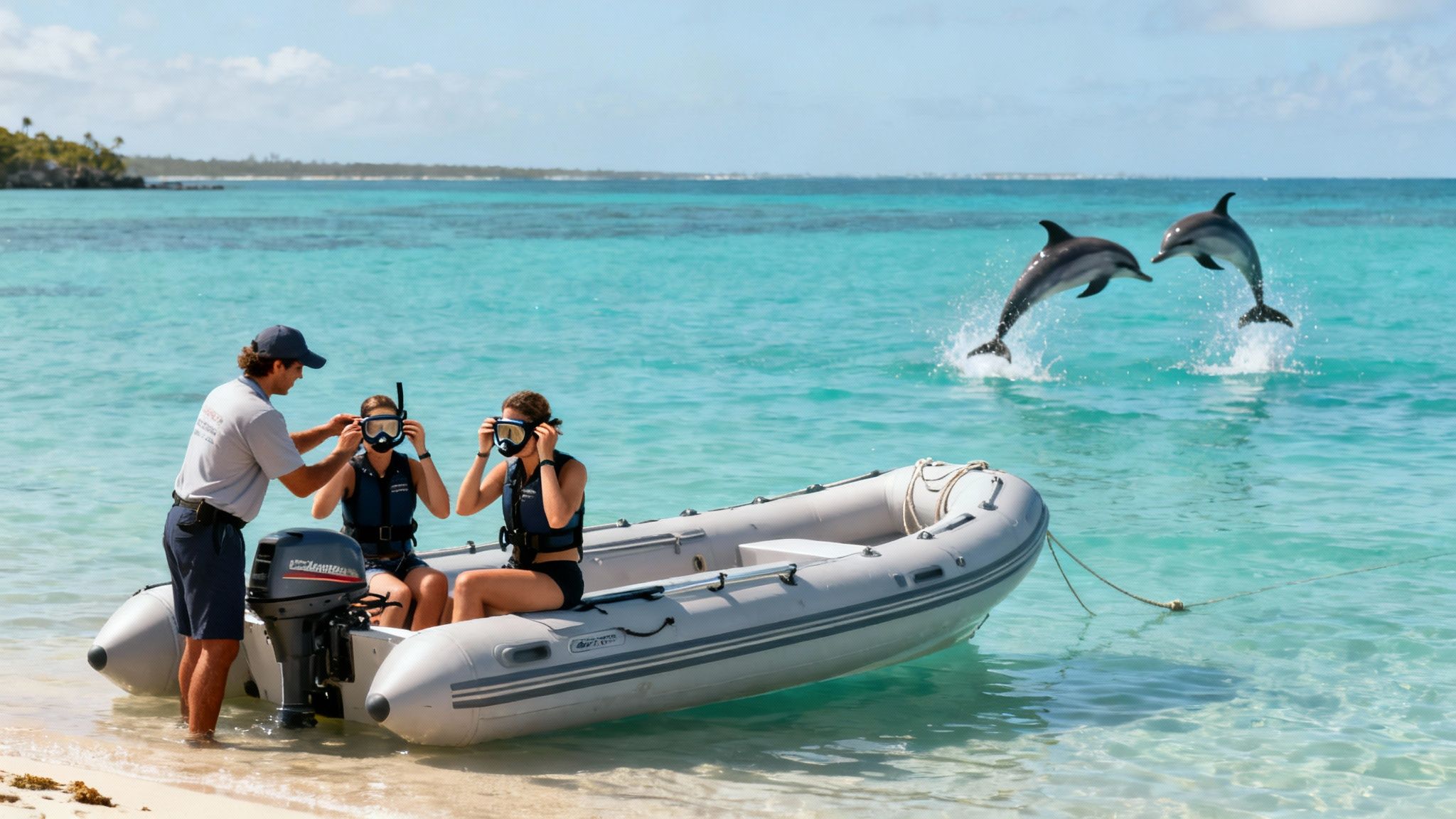 Tour guide assisting two women in a boat with snorkeling gear as two dolphins jump in clear ocean water.