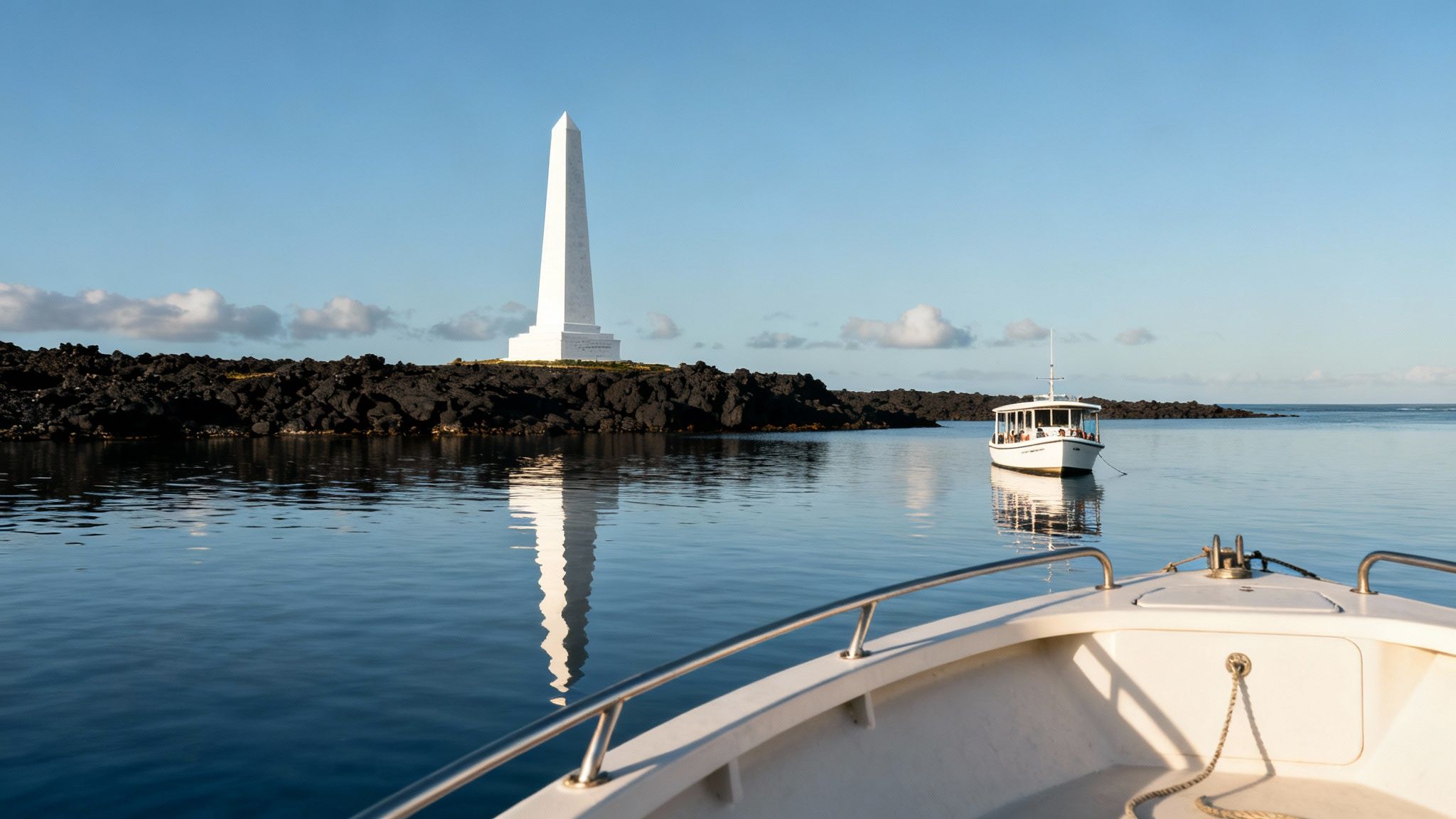 View from a boat of a tranquil bay with a white obelisk on a black rocky island and another boat.