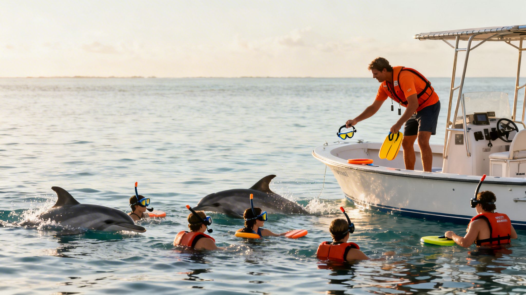 People wearing life vests and snorkeling gear swim with dolphins near a boat, guided by an instructor.