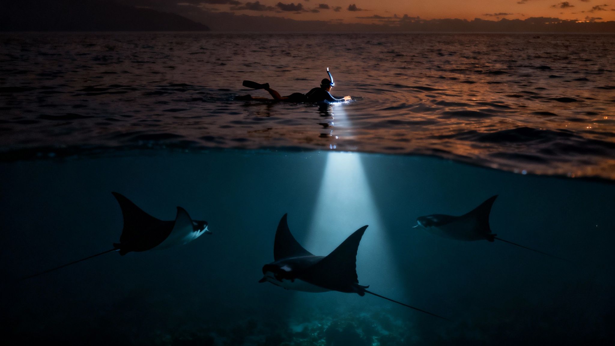 A diver with a flashlight illuminates three manta rays swimming beneath the ocean surface at dusk.