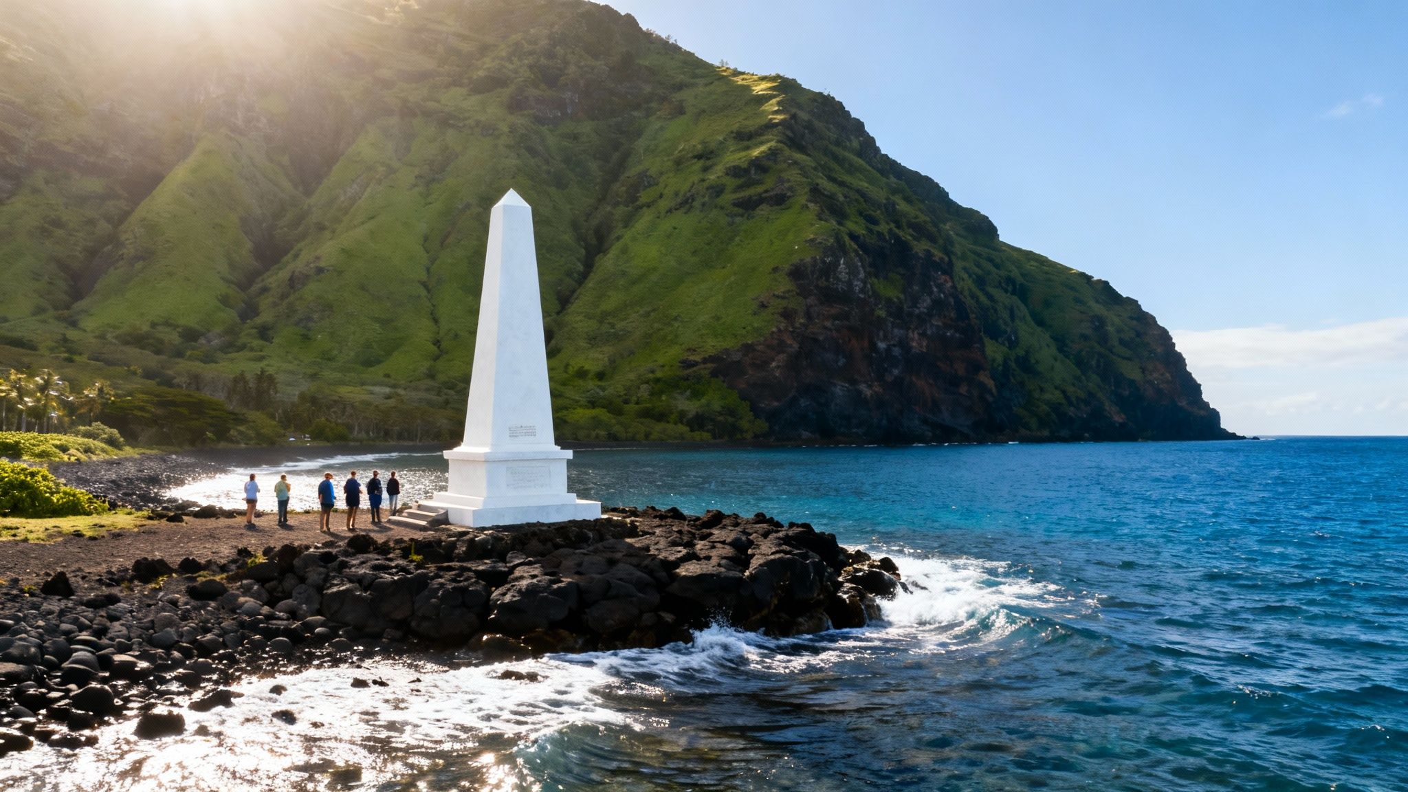 A white obelisk monument stands on a rocky coastline with people, a lush green mountain, and a blue ocean.