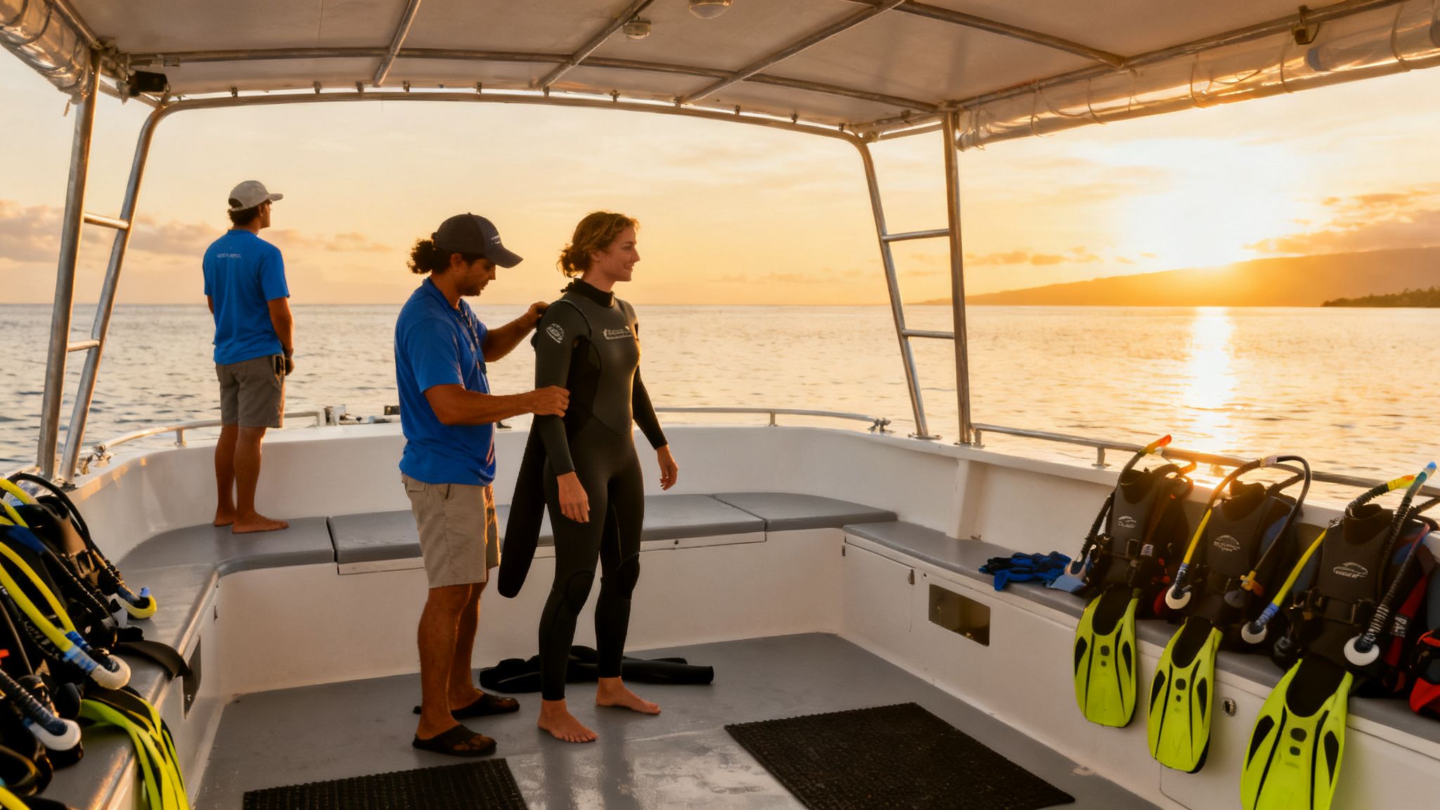 Two crew members helping a woman into a wetsuit on a boat deck at sunset, with diving equipment.