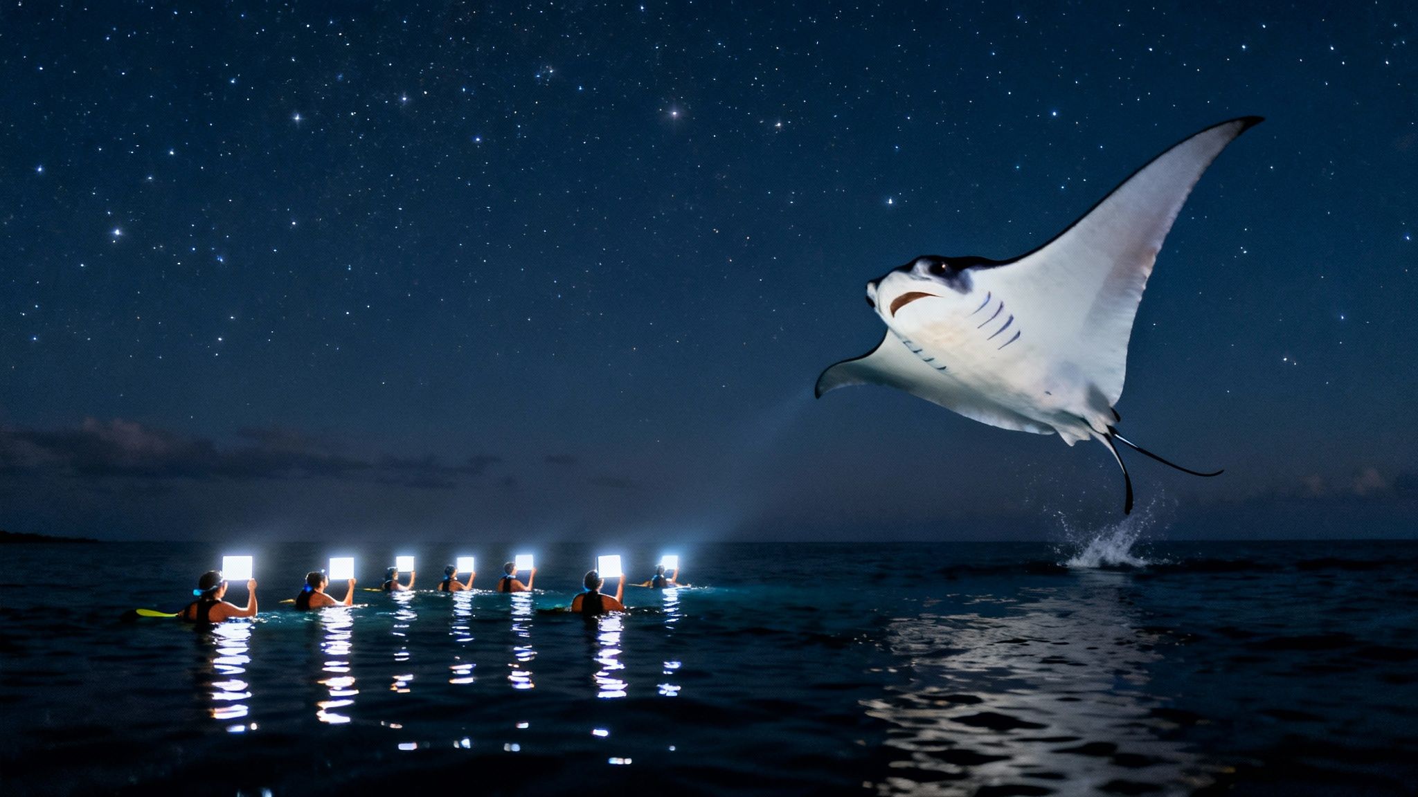 People snorkeling at night holding lights, watching a giant manta ray jump from the ocean under a starry sky.