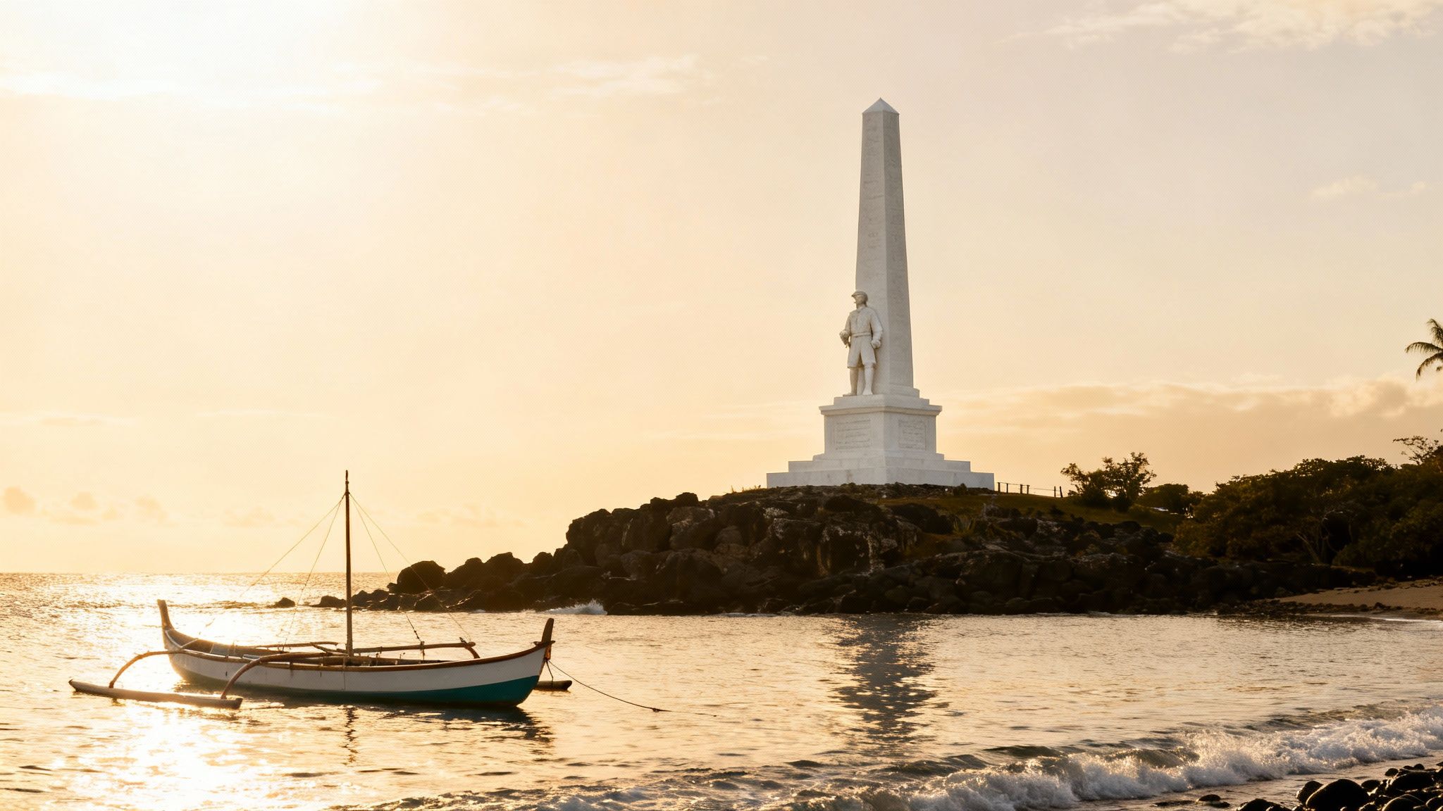Golden hour view of Captain Cook monument in Kealakekua Bay with an outrigger canoe.