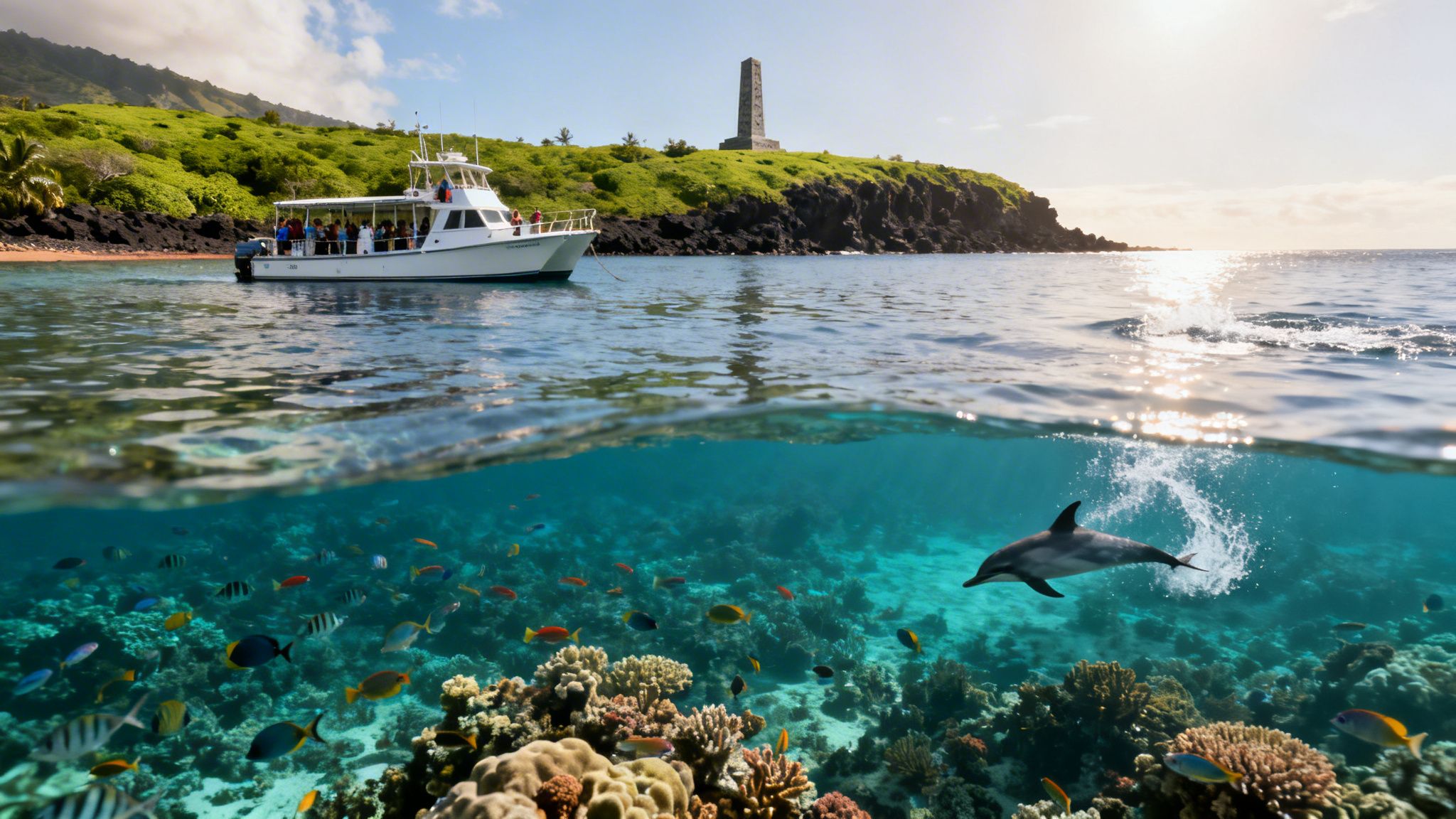 Kona Hawaii snorkeling tour showing boat, island, and underwater dolphin with colorful coral and fish.