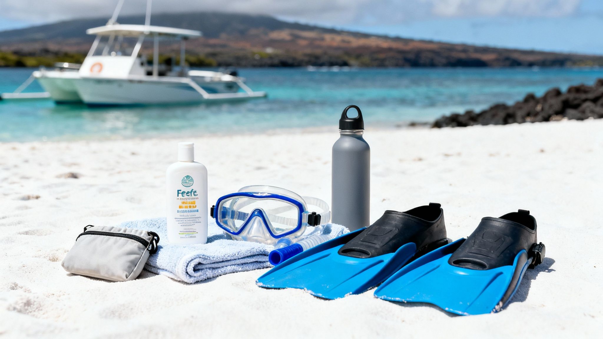 Snorkeling gear, sunscreen, and water bottle on a white sand beach with a boat in the background.