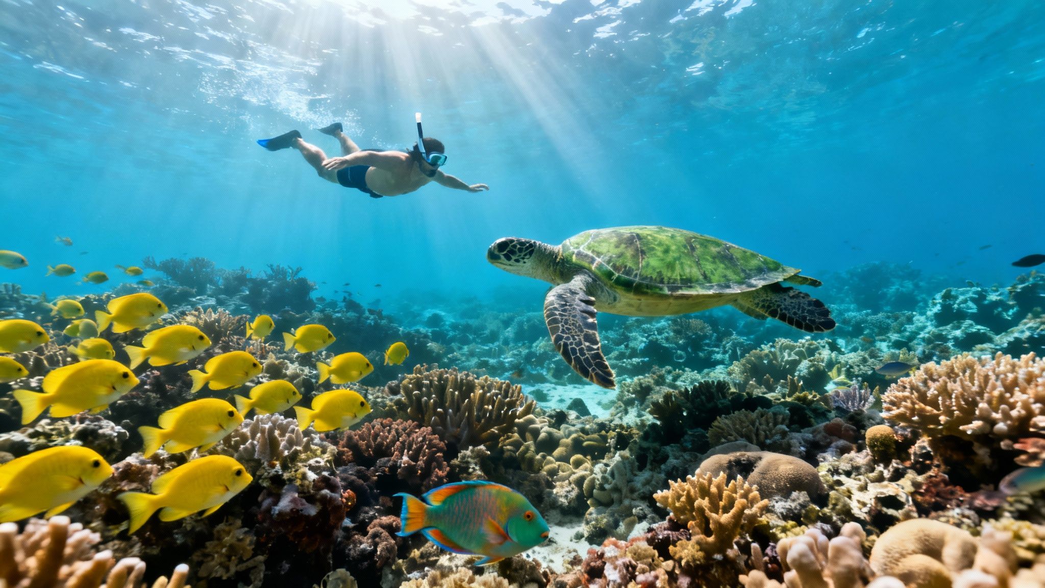 A snorkeler swims near a large sea turtle and a school of yellow fish over a vibrant coral reef.