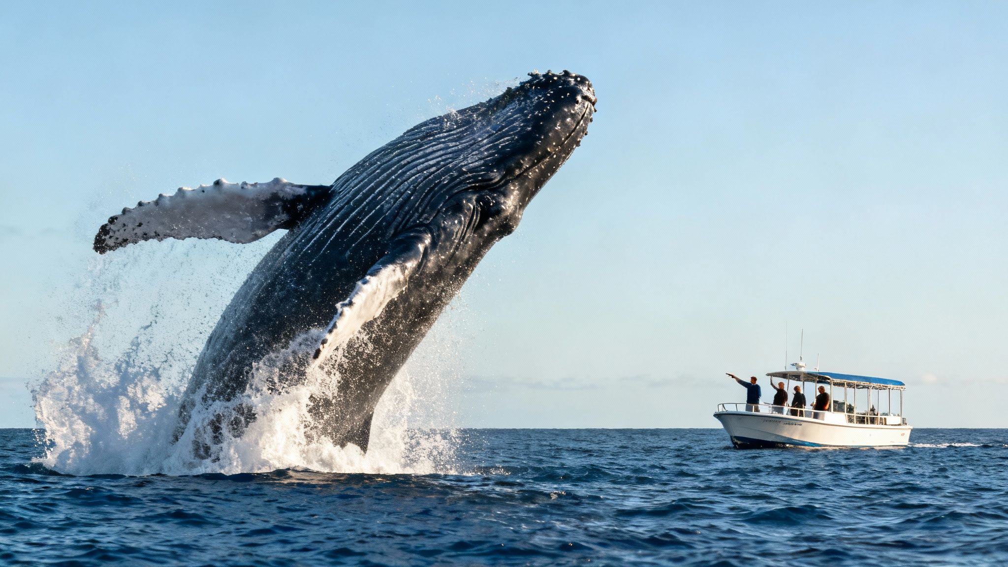 A majestic humpback whale breaches high out of the ocean next to a small boat of spectators.