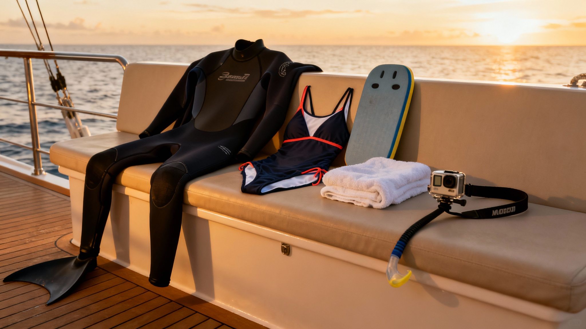 Snorkeling and diving gear, including a wetsuit, fins, swimsuit, and GoPro, laid on a boat deck at sunset.