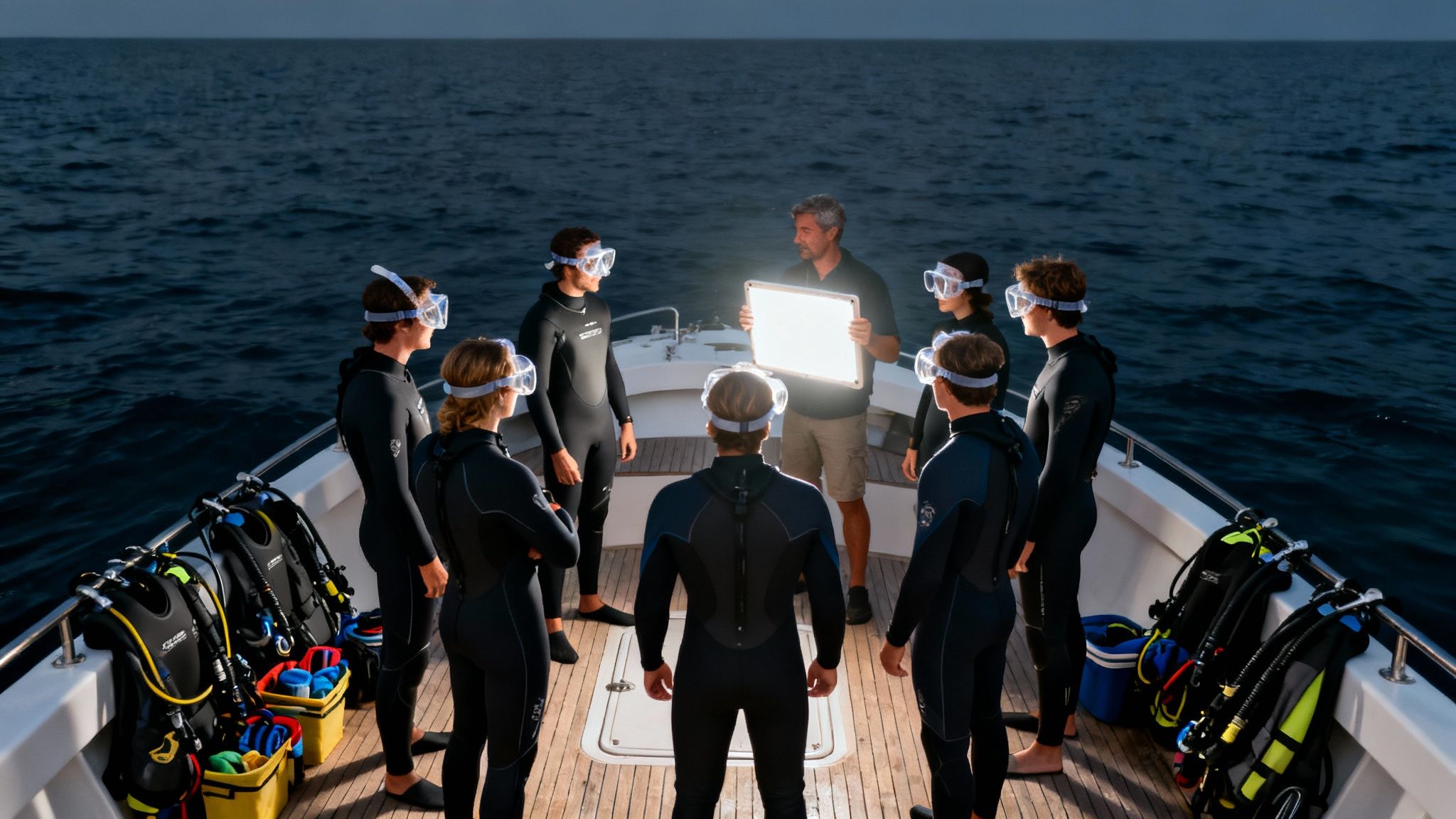 A group of snorkelers in wetsuits on a boat at night, listening to an instructor with a light.