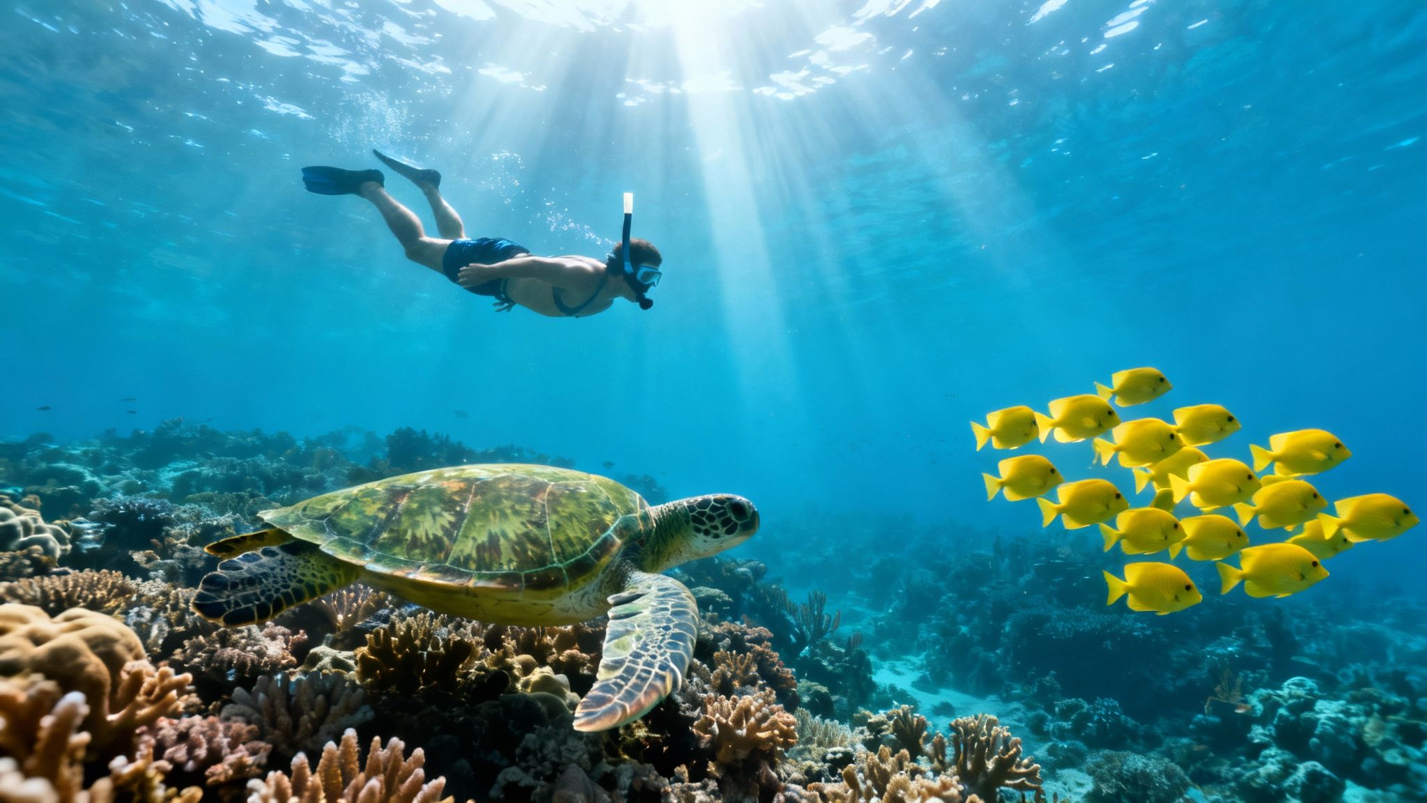 A person snorkeling above a vibrant coral reef, observing a sea turtle and a school of yellow fish.