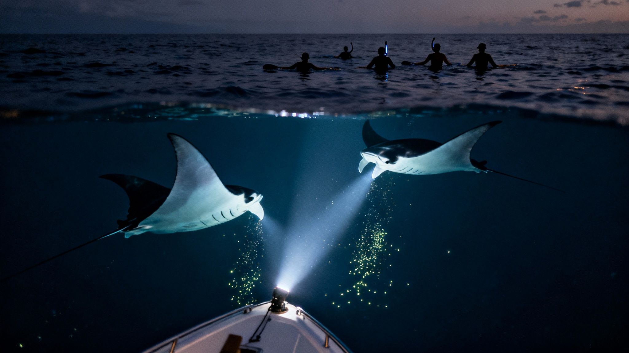 A captivating night scene with snorkelers watching majestic manta rays feeding under boat lights.
