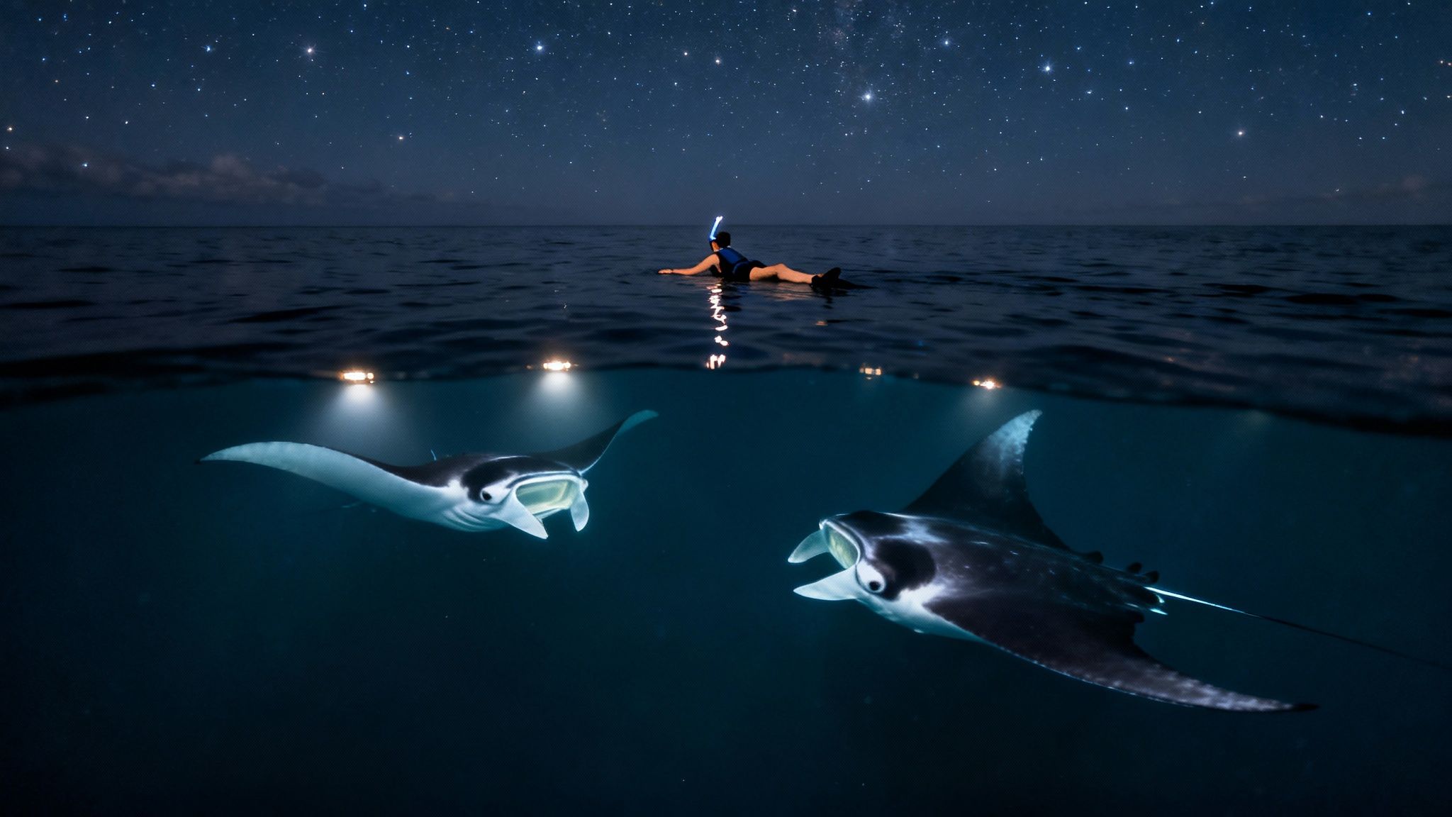 Person snorkeling with two large manta rays illuminated at night under a beautiful starry sky.
