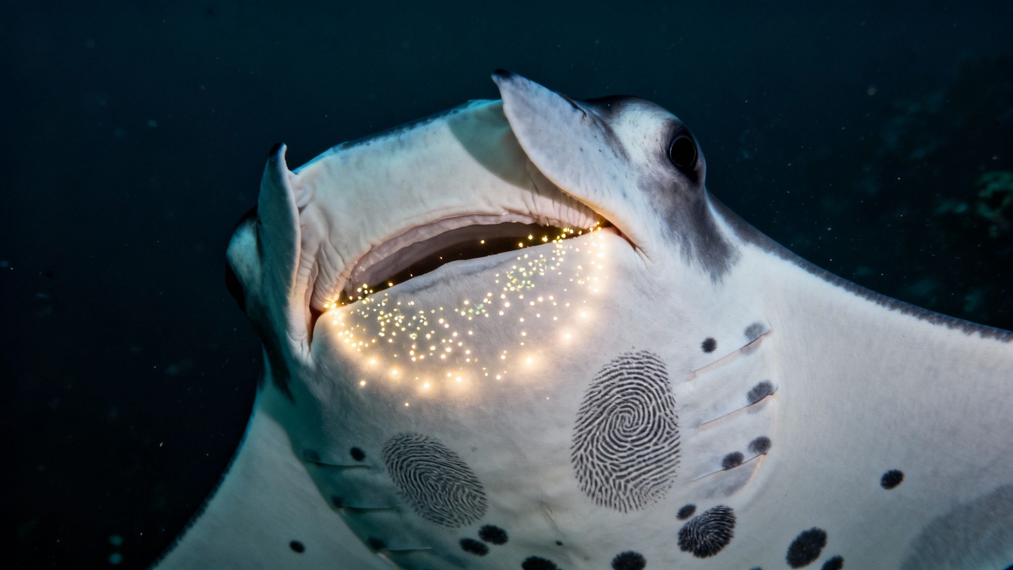 A majestic manta ray swimming underwater with its mouth open, illuminated by glowing plankton.
