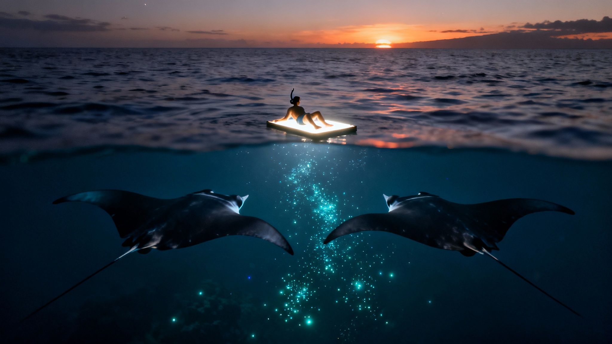 A person on a glowing raft snorkels at sunset, with two manta rays swimming below among glowing plankton.