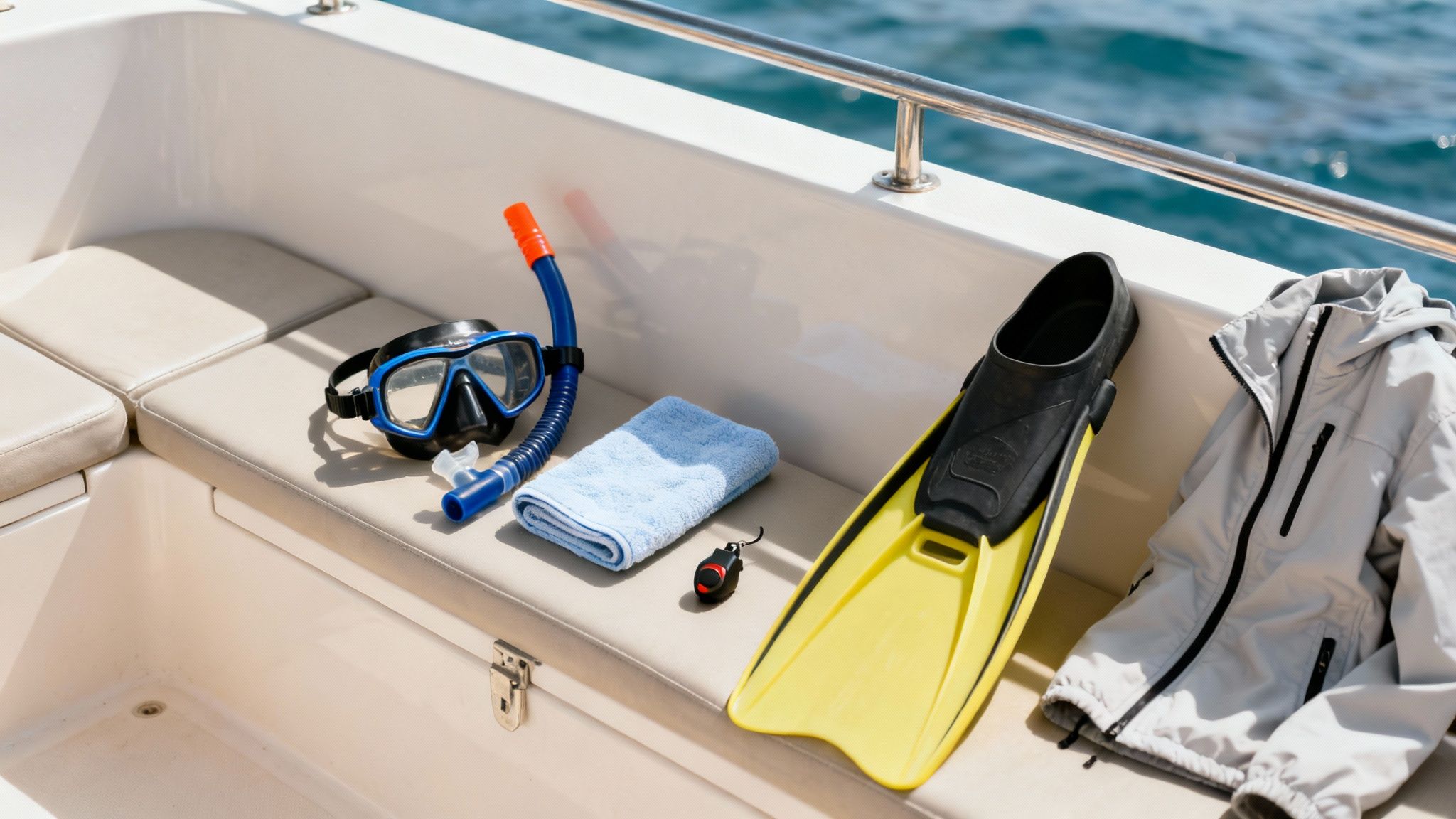 Snorkeling gear including a mask, snorkel, fins, towel, and jacket on a boat deck.