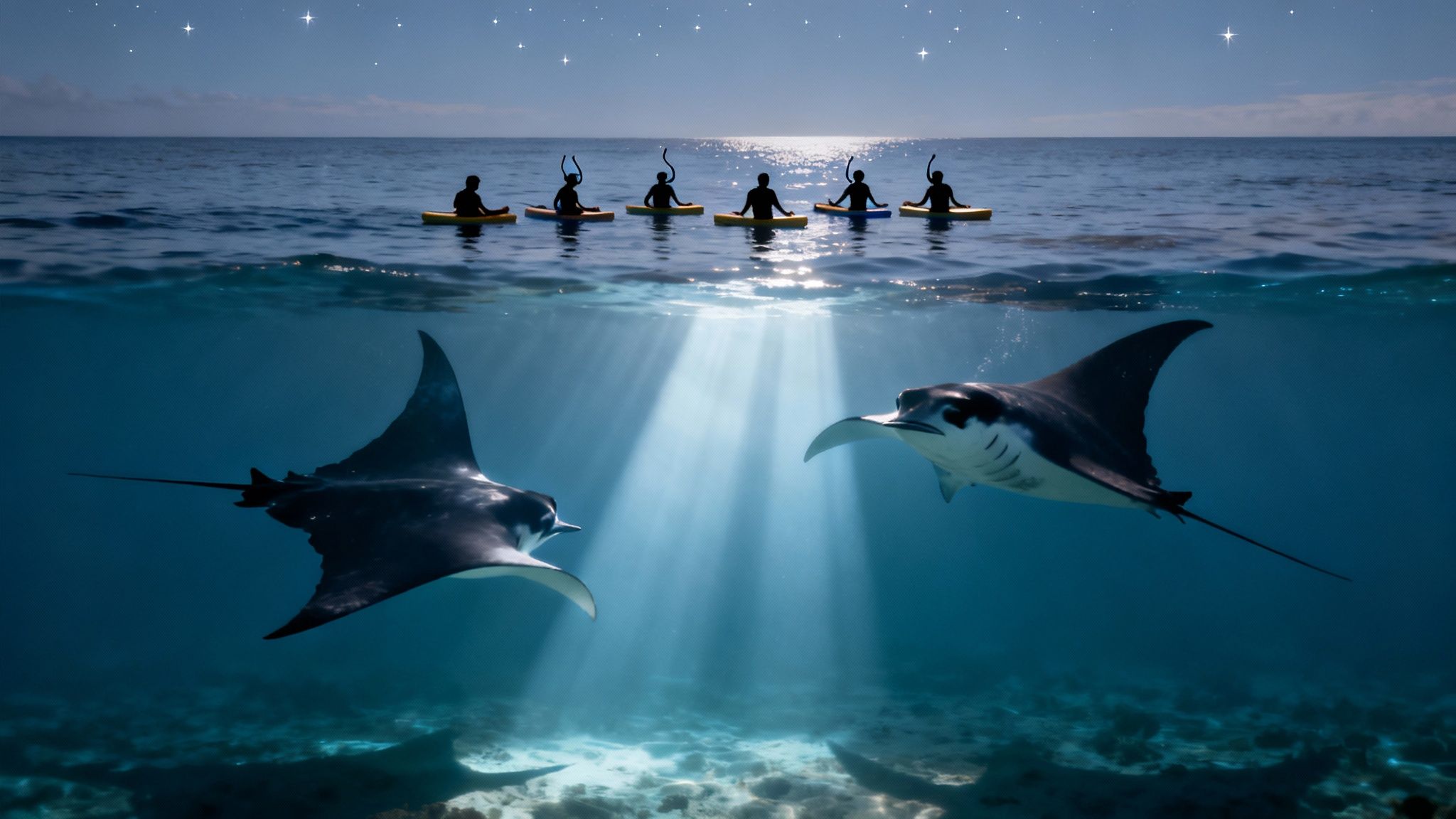 Six people paddleboarding at night under stars, while two manta rays swim below in sunlit ocean.