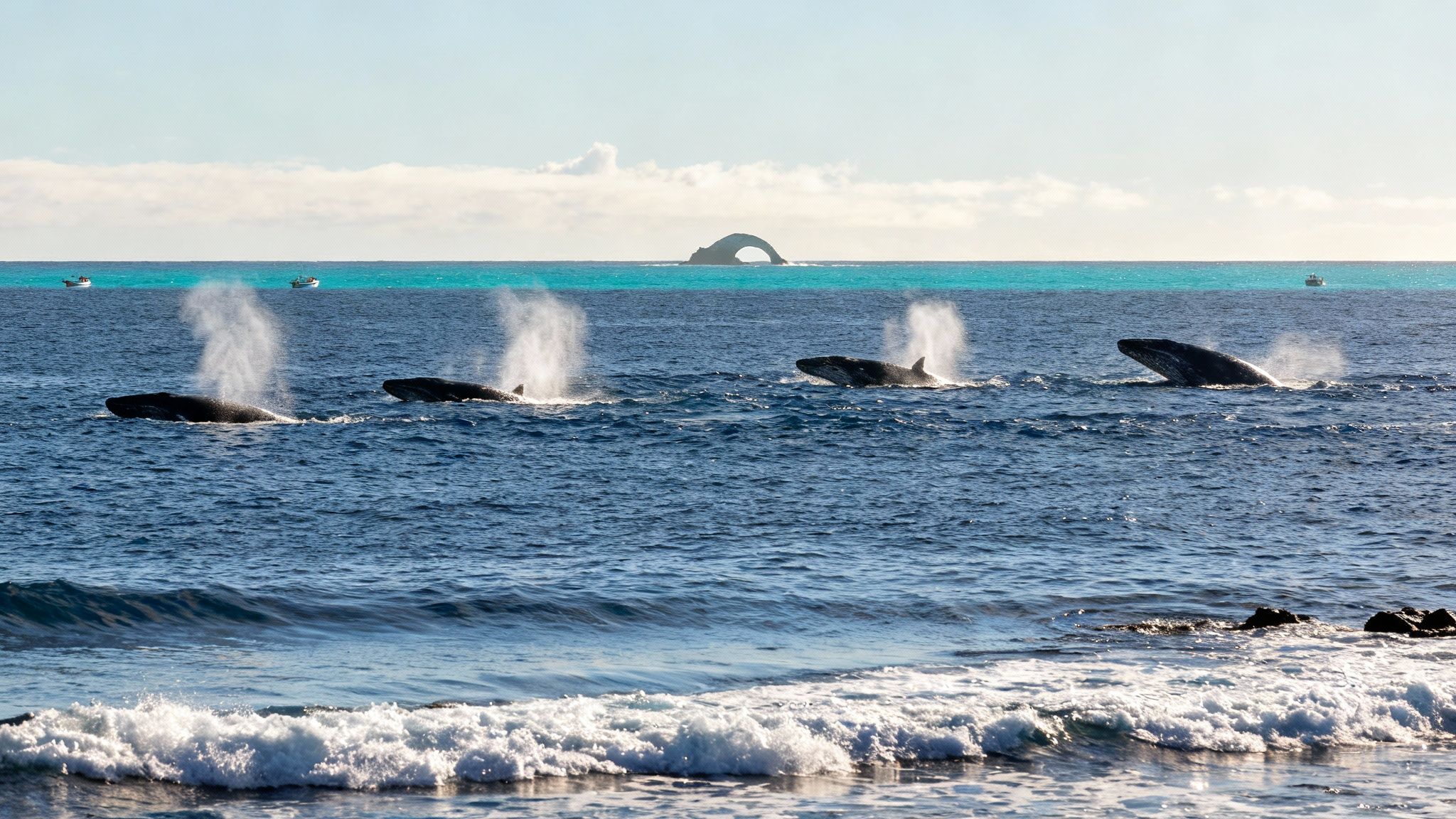 A mother humpback whale and her calf swimming together in the clear blue waters of Kona