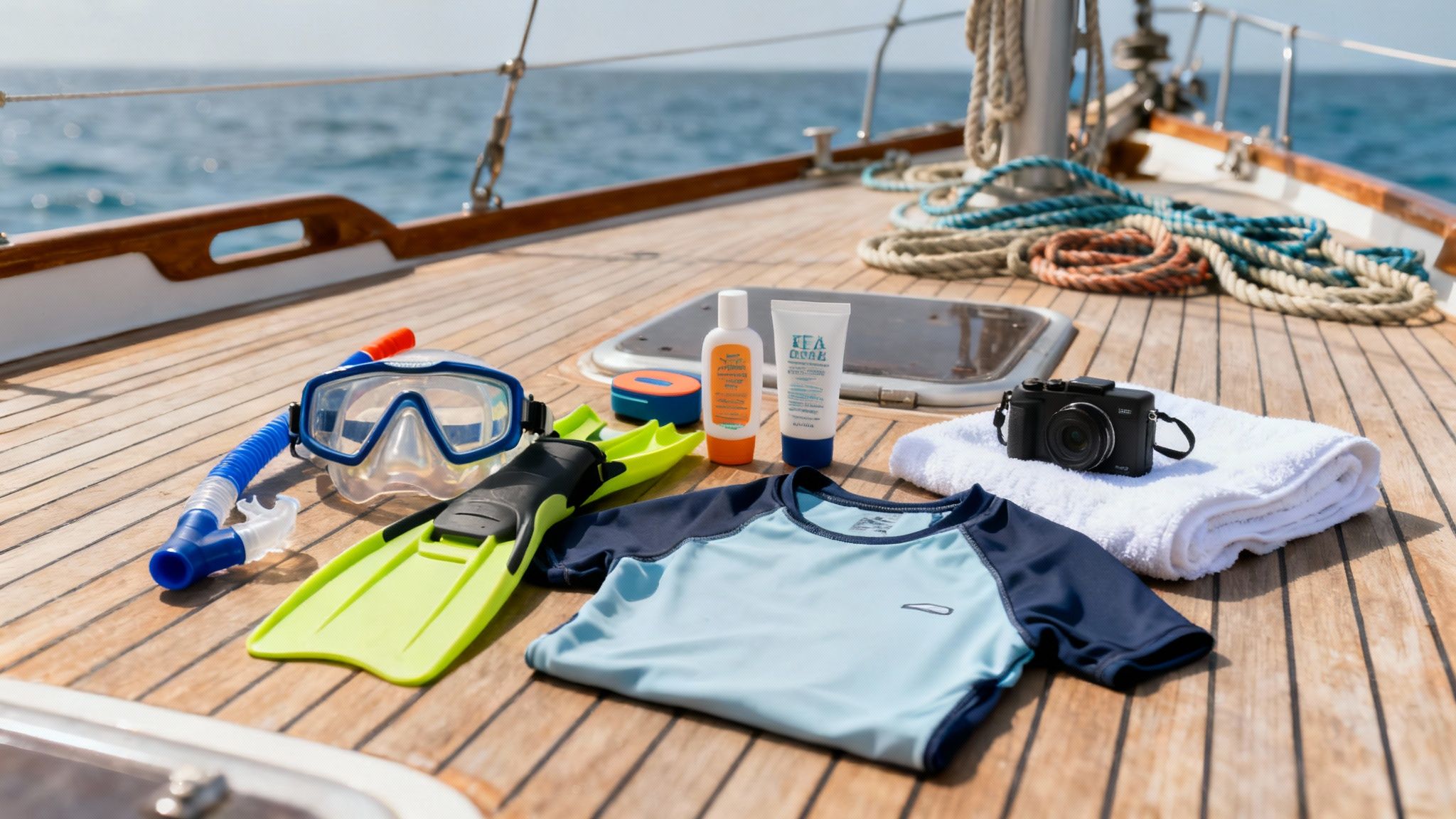 Snorkeling gear, sunscreen, camera, and towels laid out on wooden boat deck for marine tour
