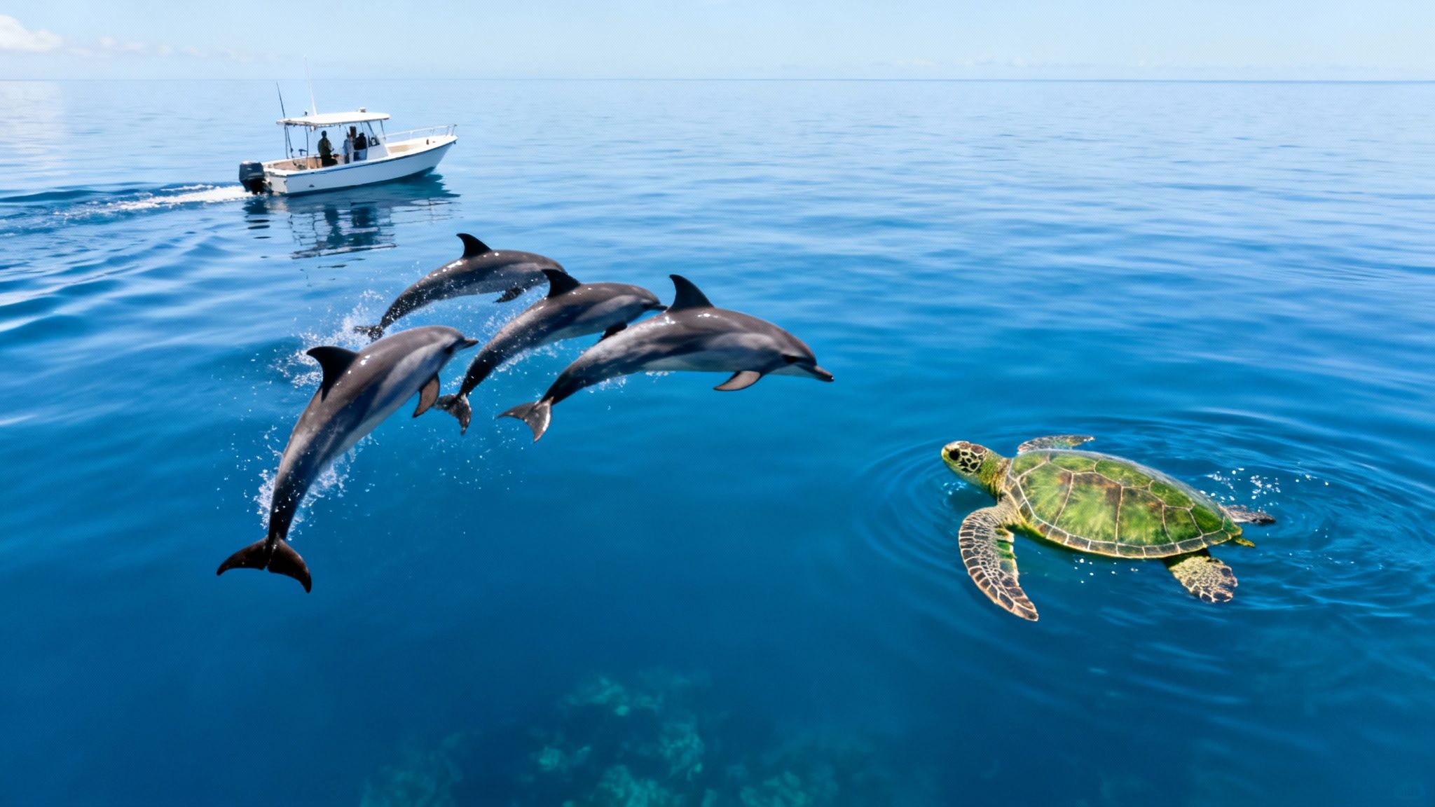 Dolphins jump out of the clear blue ocean with a sea turtle swimming and a boat in the distance.