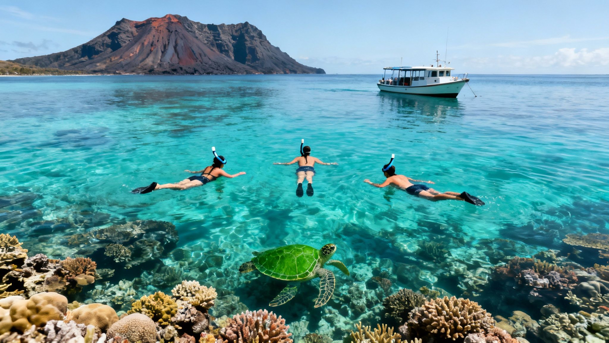 Three snorkelers watch a green sea turtle swim in clear blue water near a volcanic island.
