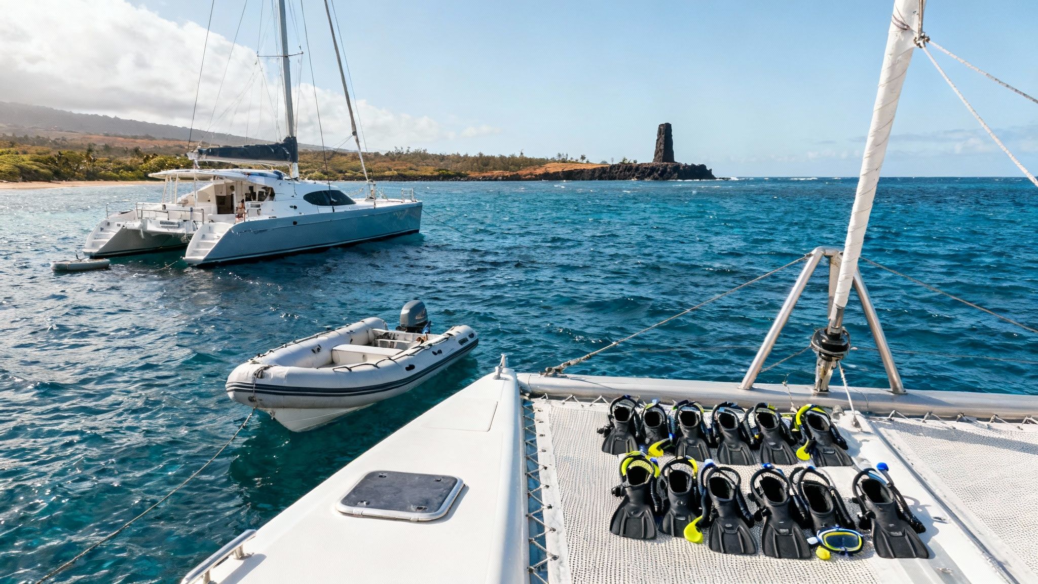 Catamaran deck with snorkeling fins and masks, a boat, and Captain Cook's monument in Hawaii.