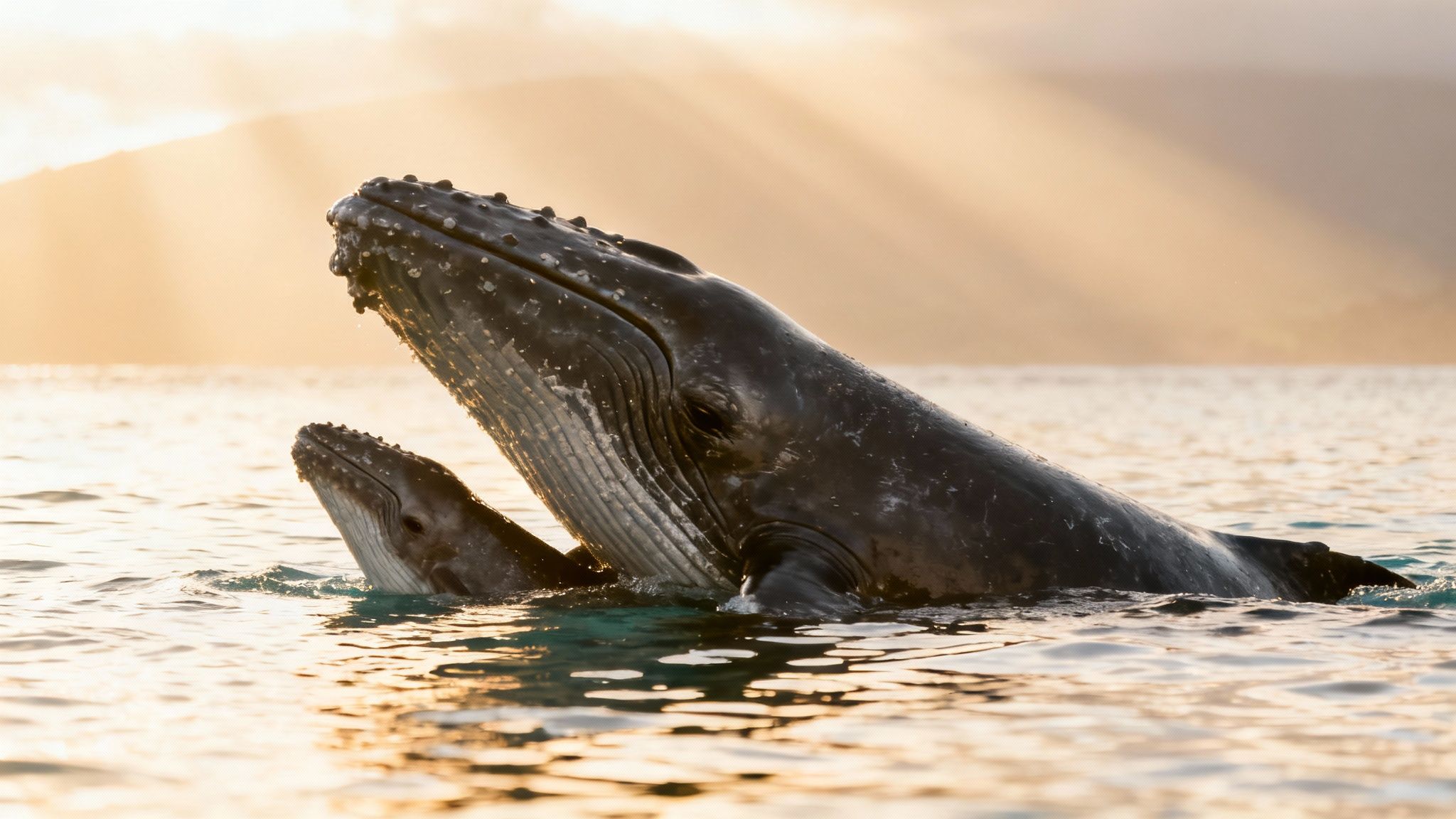 A humpback whale and its calf swimming gracefully in the clear blue waters off the Big Island.