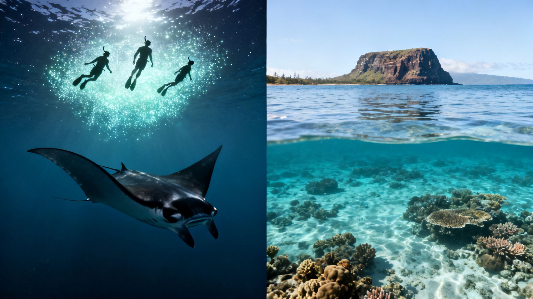 Split image showing snorkelers with a manta ray underwater and a tropical island over a coral reef.