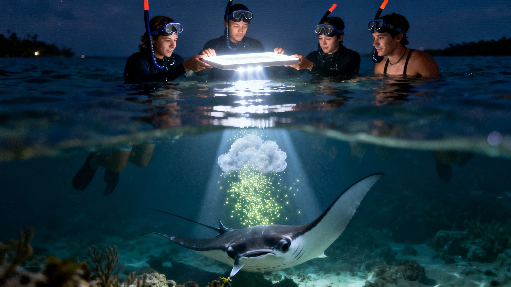 Four snorkelers at night illuminate a manta ray with an underwater light, showing glowing particles.