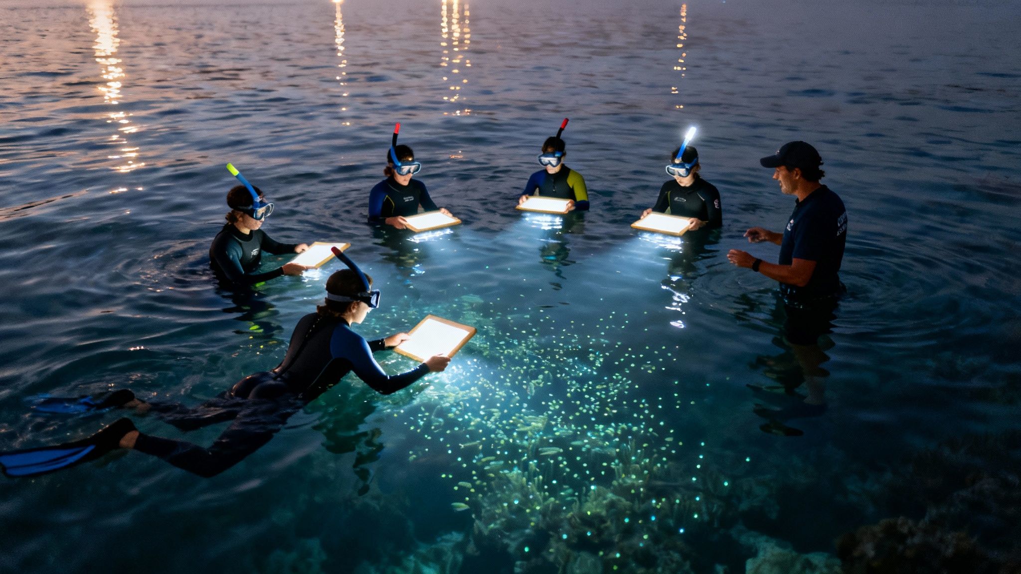 Group of snorkelers with glowing boards observing marine life at night with an instructor.