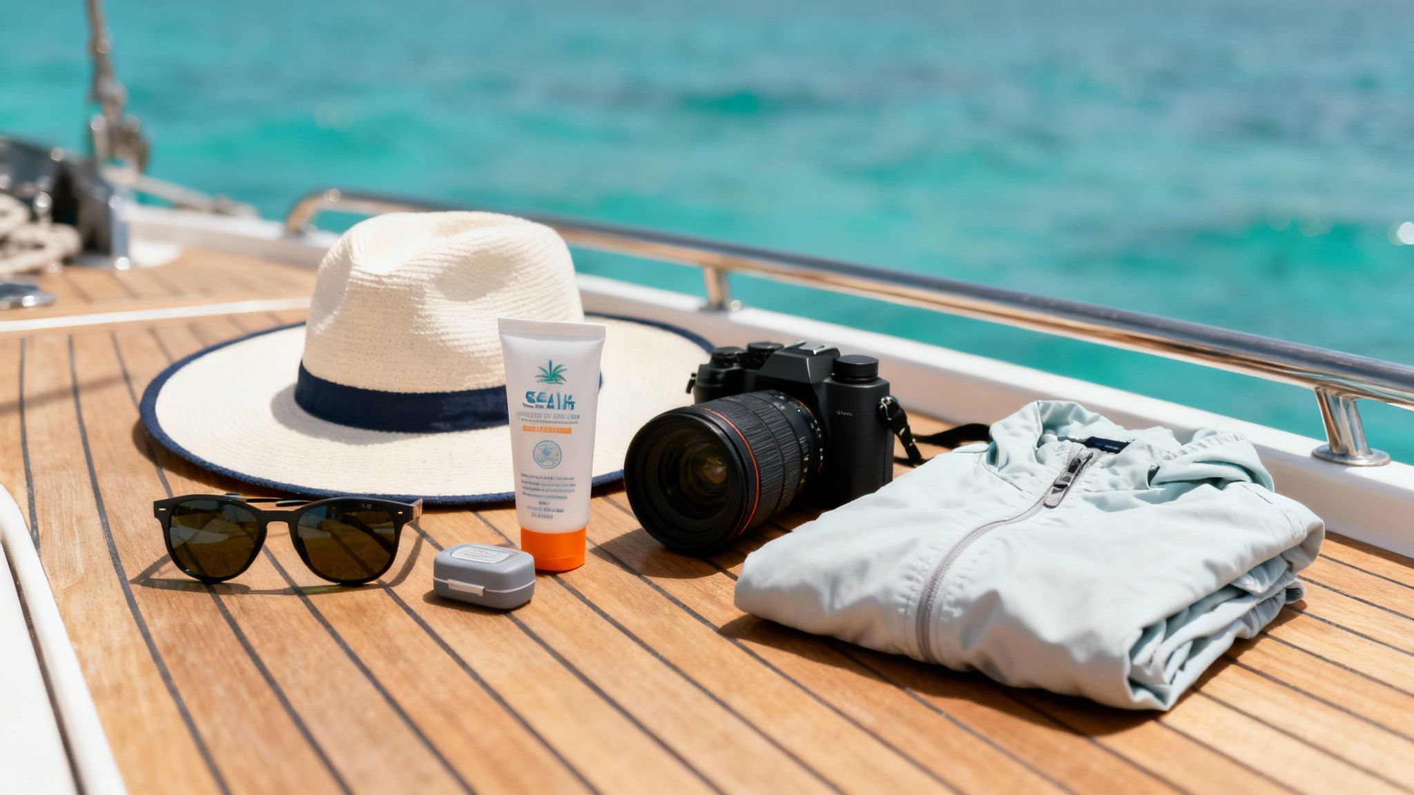 Travel essentials on yacht deck including camera, sunglasses, hat, and sunscreen for whale watching adventure