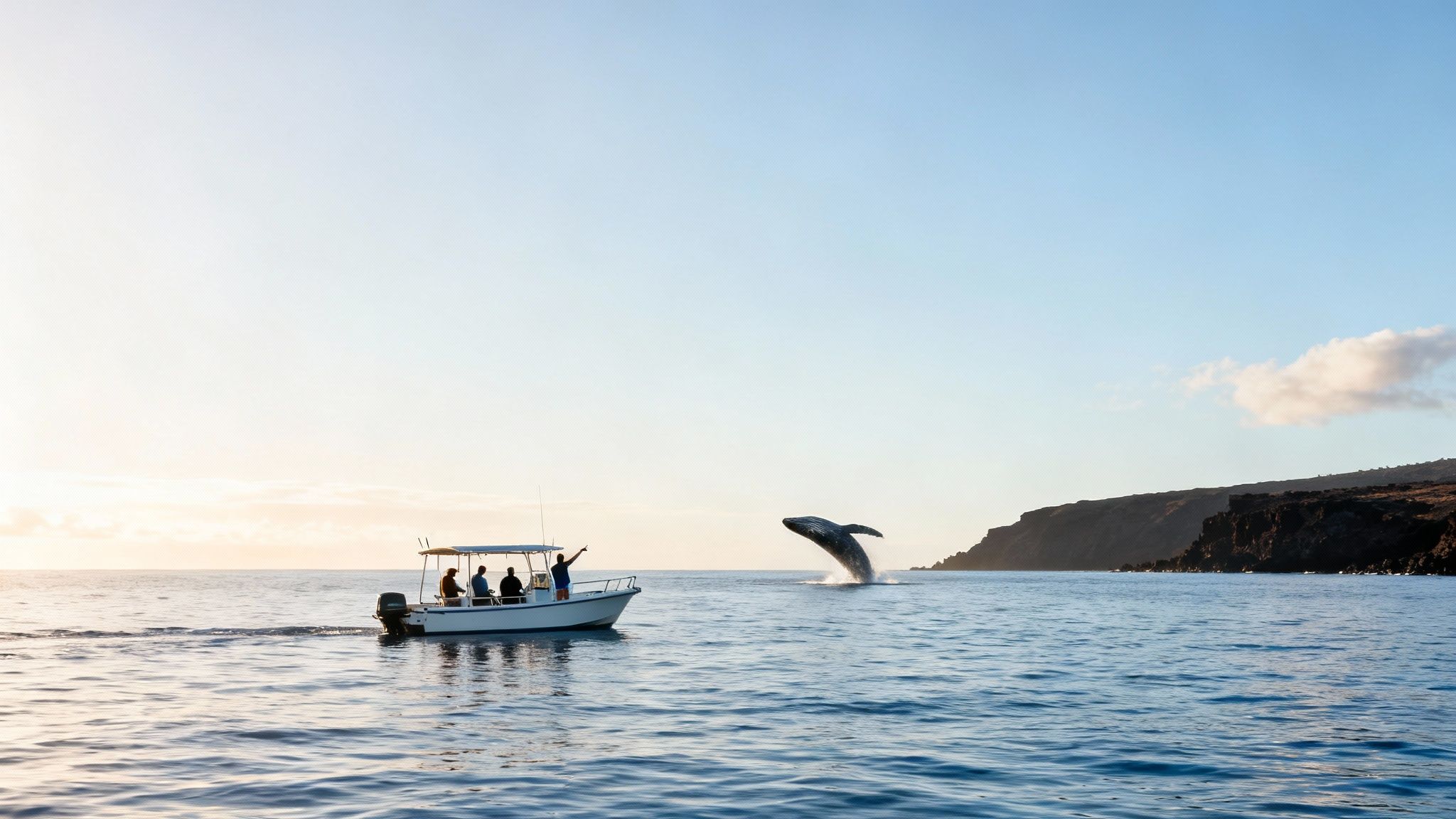 People on a small boat watch a humpback whale breach high out of the ocean near a rocky coast.