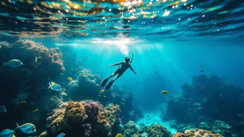 A snorkeler exploring the vibrant coral reef near the Captain Cook Monument in Kealakekua Bay, Hawaii