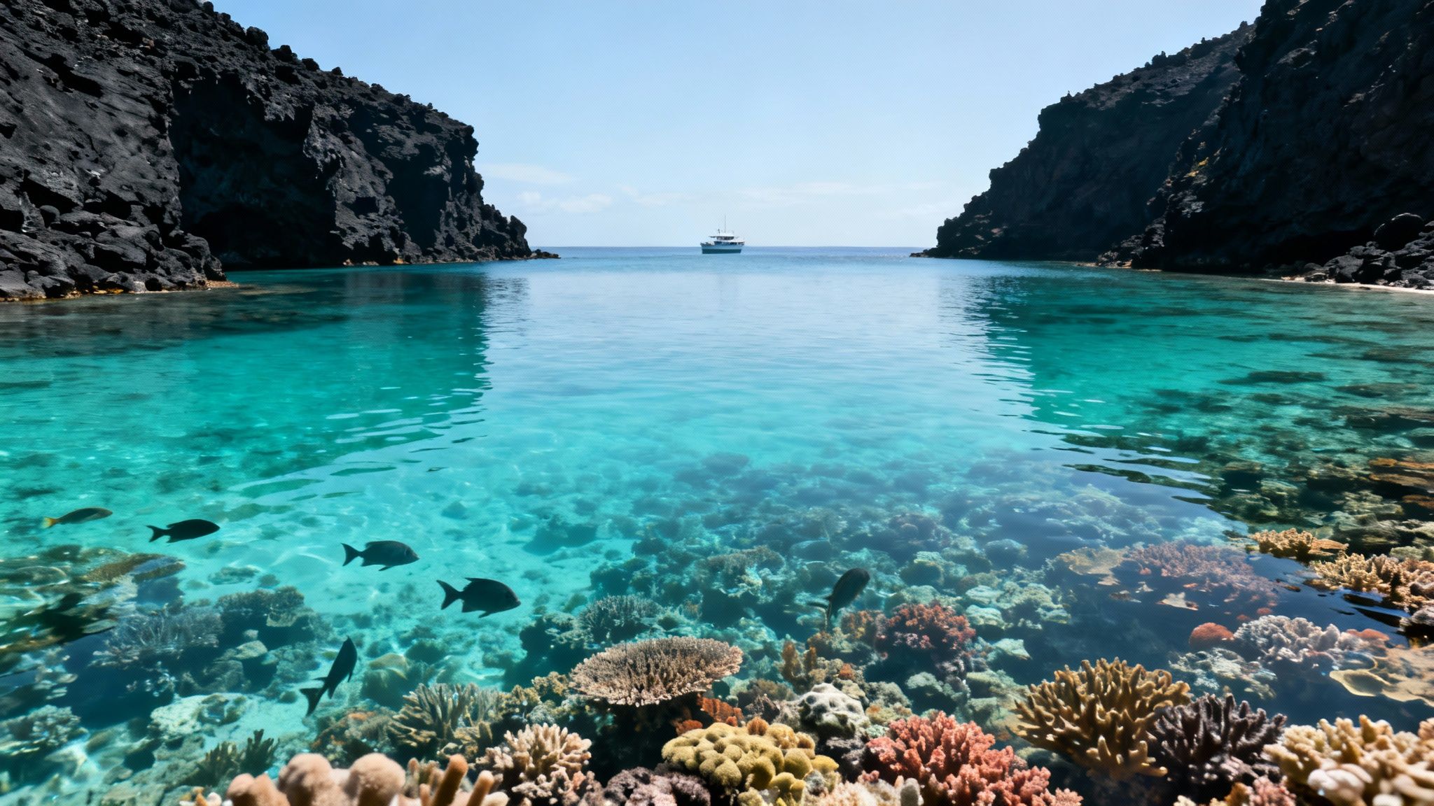 Crystal clear turquoise water with vibrant coral reef and tropical fish in shallow bay