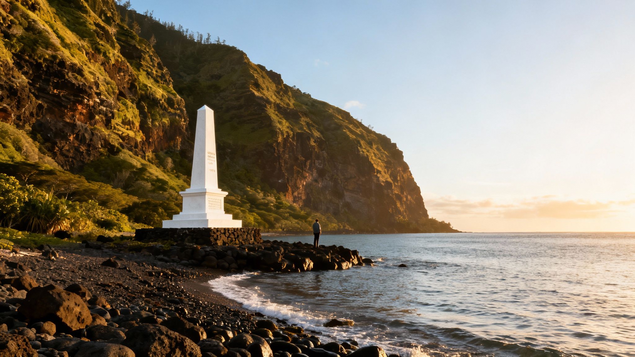 A person stands on a rocky beach next to a white monument, with a large sunlit cliff and ocean at sunset.