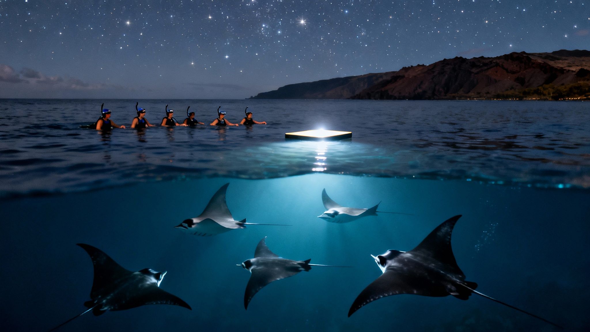 People snorkel at night, watching manta rays illuminated by an underwater light under a starry sky.