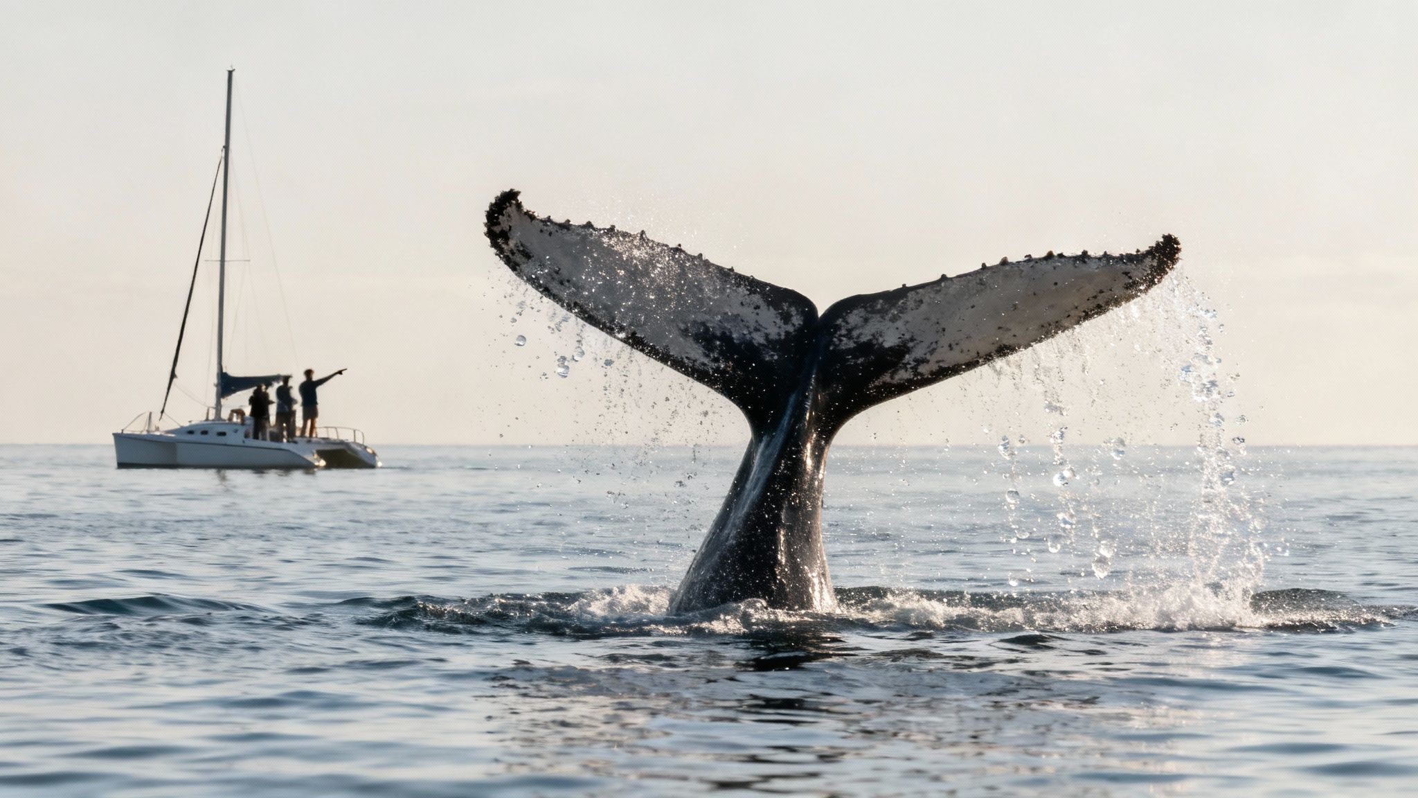 A magnificent humpback whale's tail splashes as it dives, with a sailboat and observers nearby.