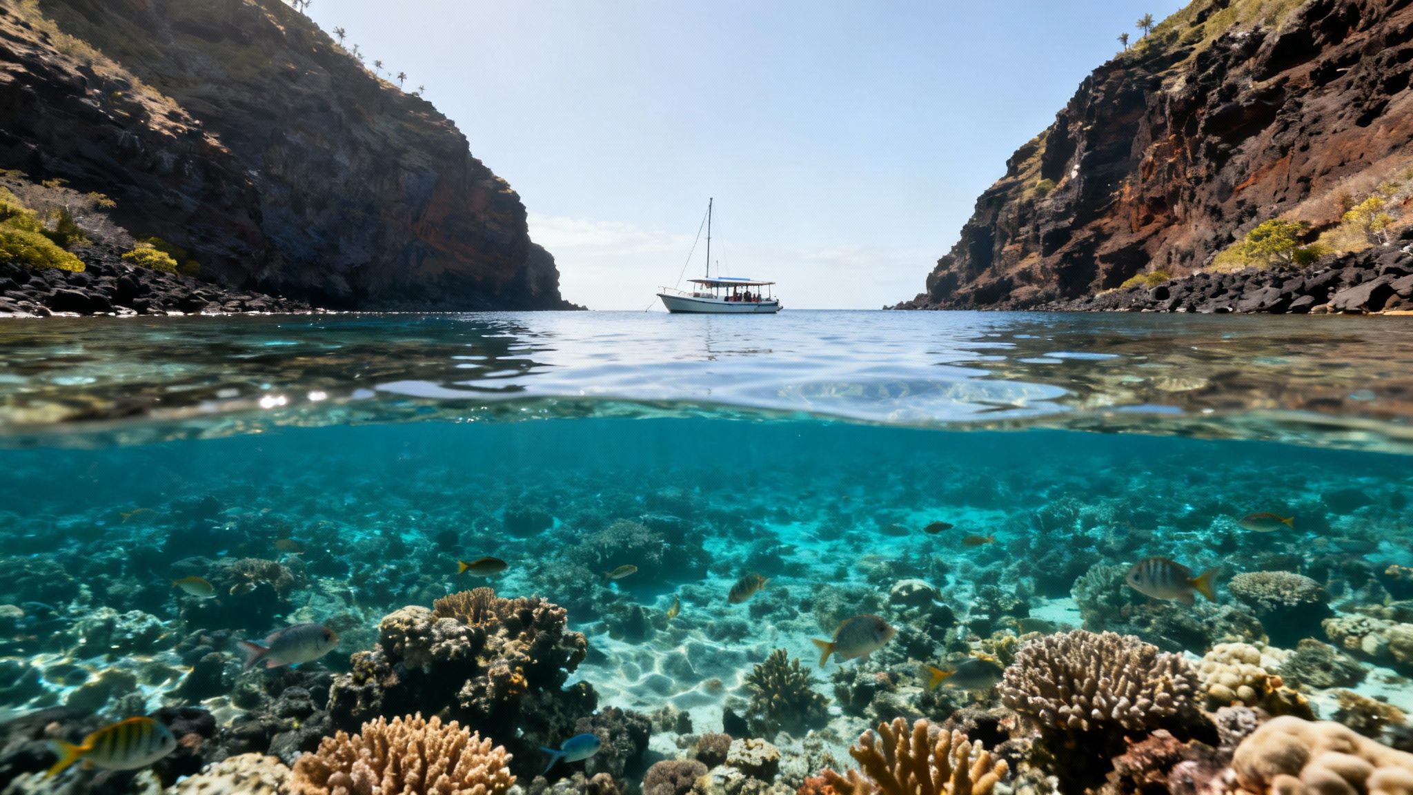 Split view of coral reef underwater and snorkel boat anchored between rocky cliffs in tropical bay