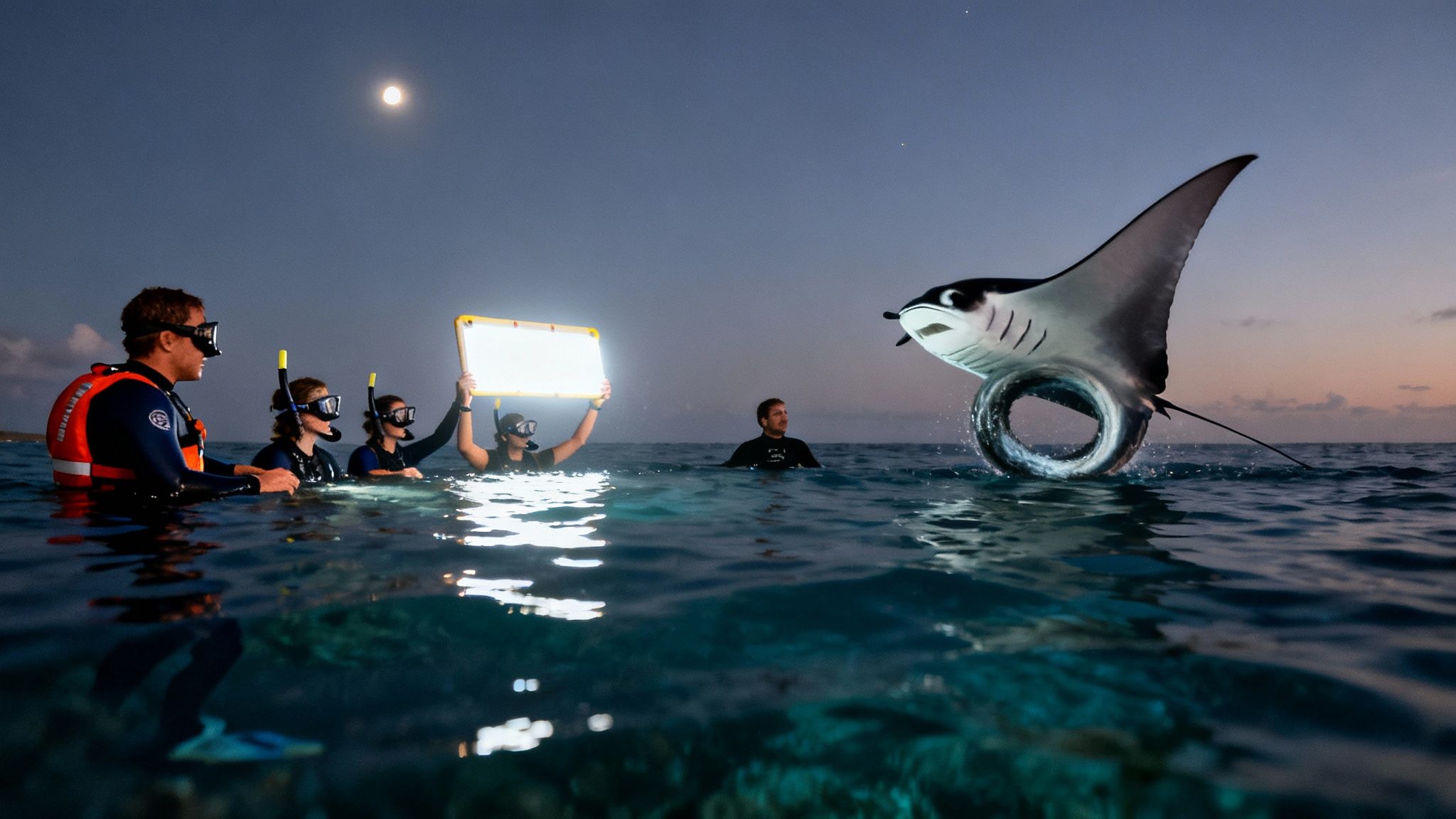 Group of snorkelers illuminate a majestic manta ray jumping out of the water at night.