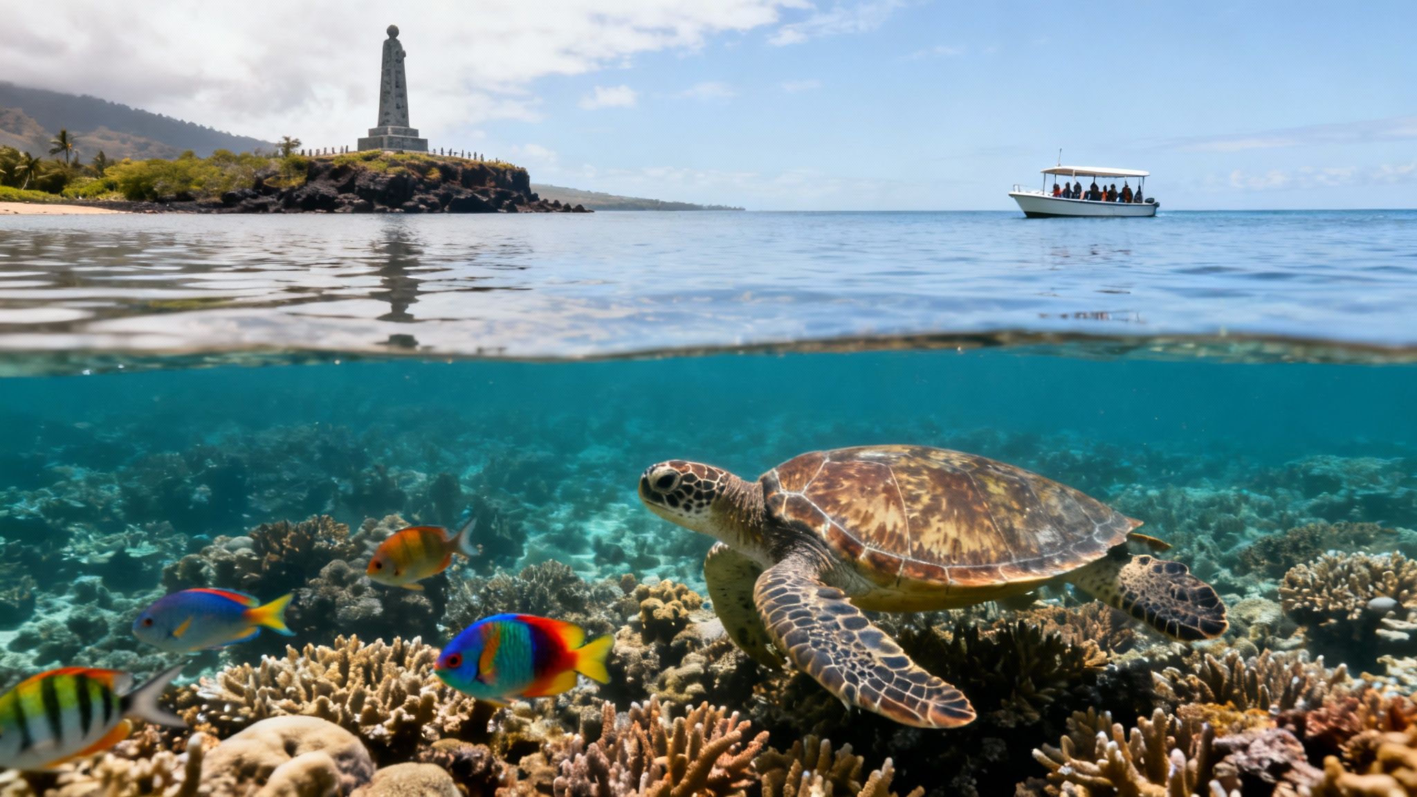 Split-level view of a sea turtle and colorful coral reef underwater, with a boat and island above.