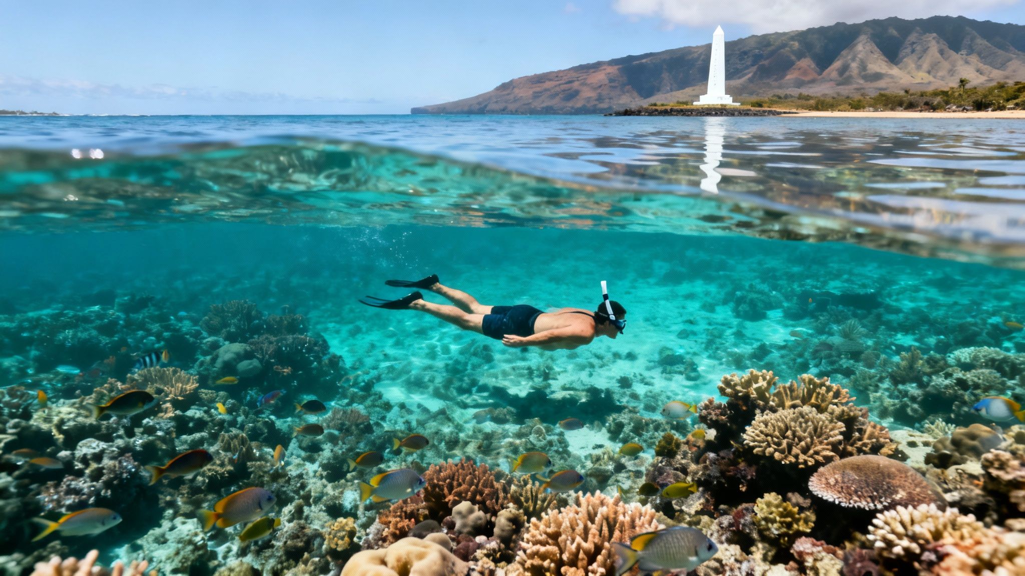 Split view of a snorkeler exploring a colorful coral reef with tropical fish, and a distant monument and coastline above.
