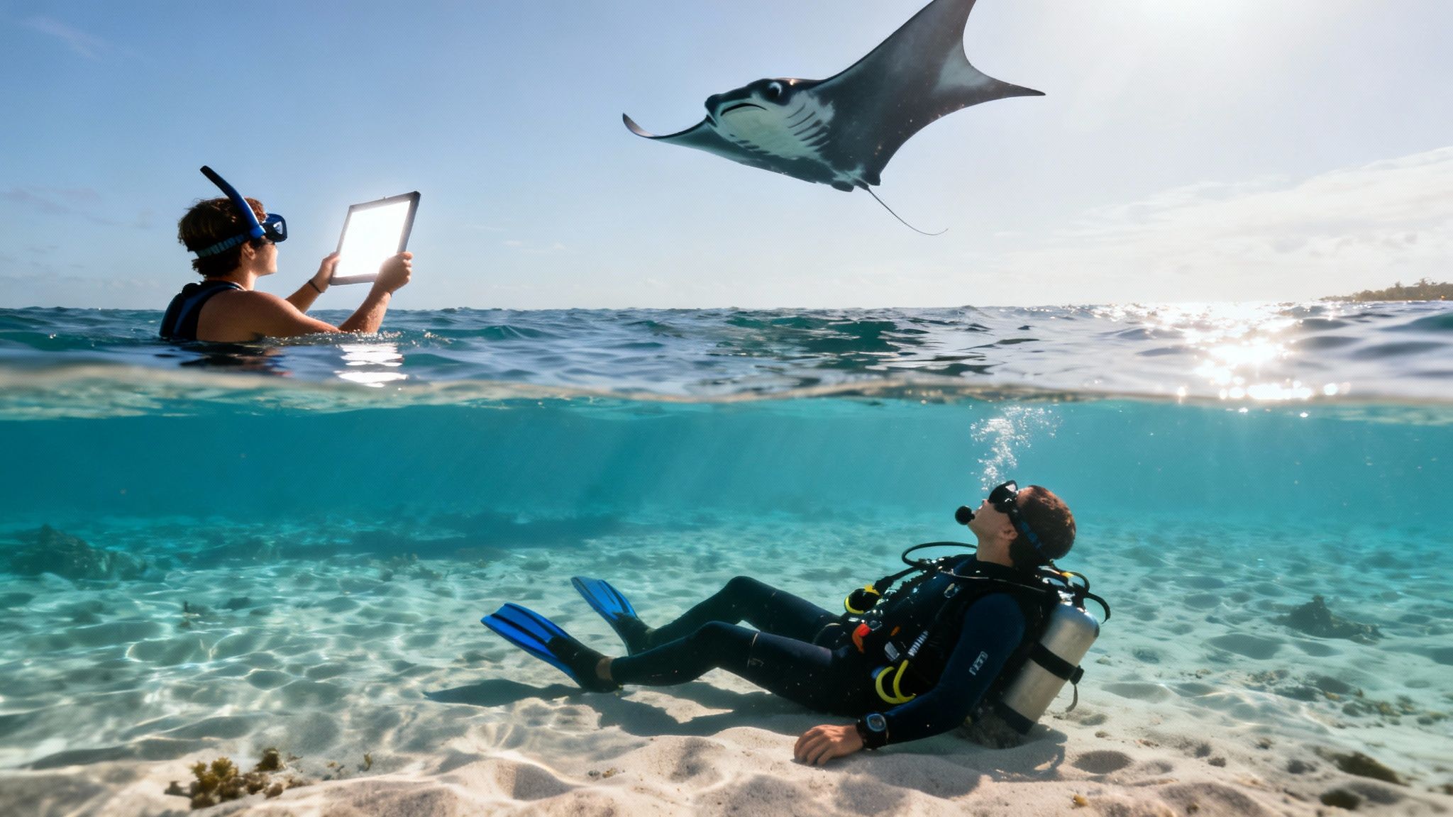 A split view of ocean life, showing a snorkeler, a manta ray, and a scuba diver.
