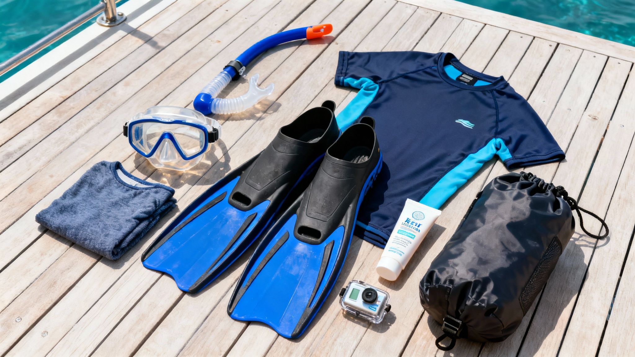 Snorkeling gear including mask, fins, rash guard, and camera laid out on a wooden boat deck.