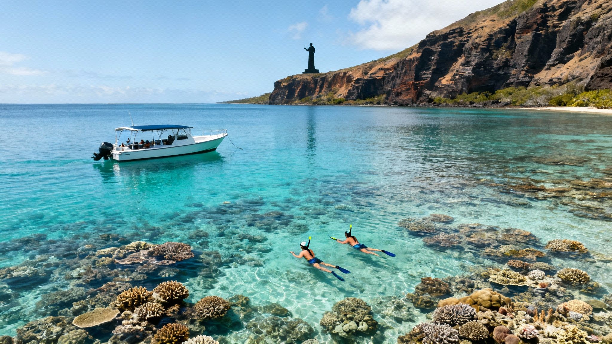 Two people snorkel in crystal clear ocean water near a boat and a statue on a rocky coast.