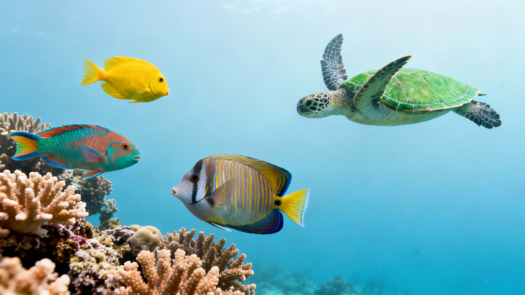 A sea turtle swimming gracefully near a coral reef in clear blue water.