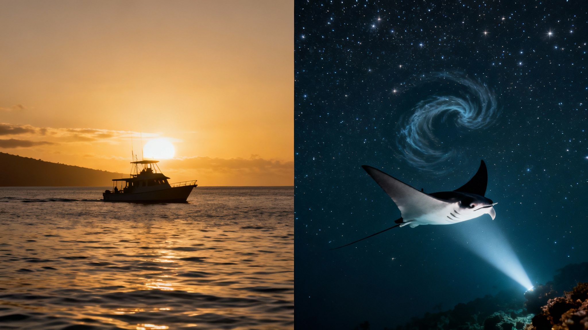 A composite image showing a boat at sunset on the left and a manta ray under a starry night on the right.