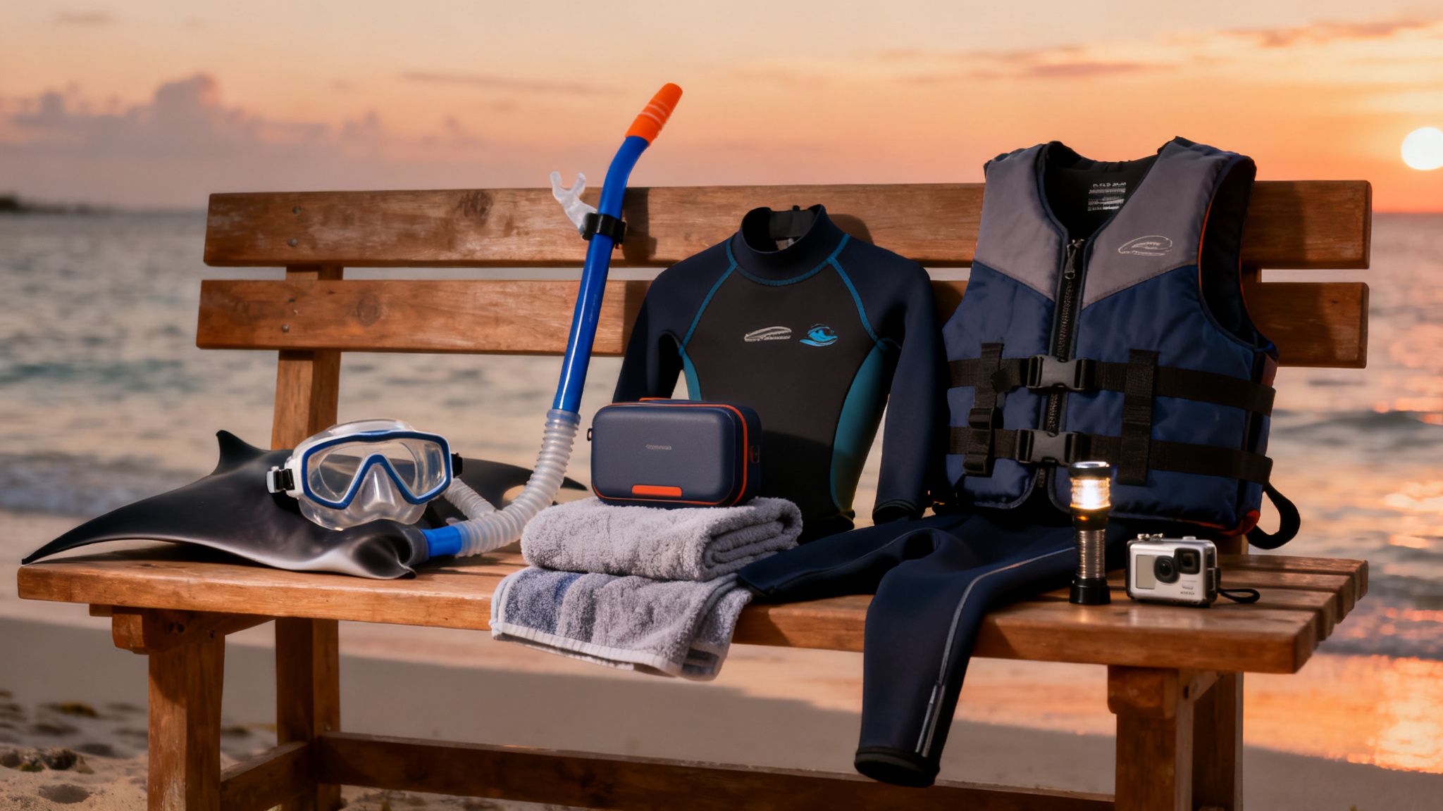 Snorkeling and diving gear, including mask, snorkel, fins, wetsuit, and life jacket, on a bench at sunset.