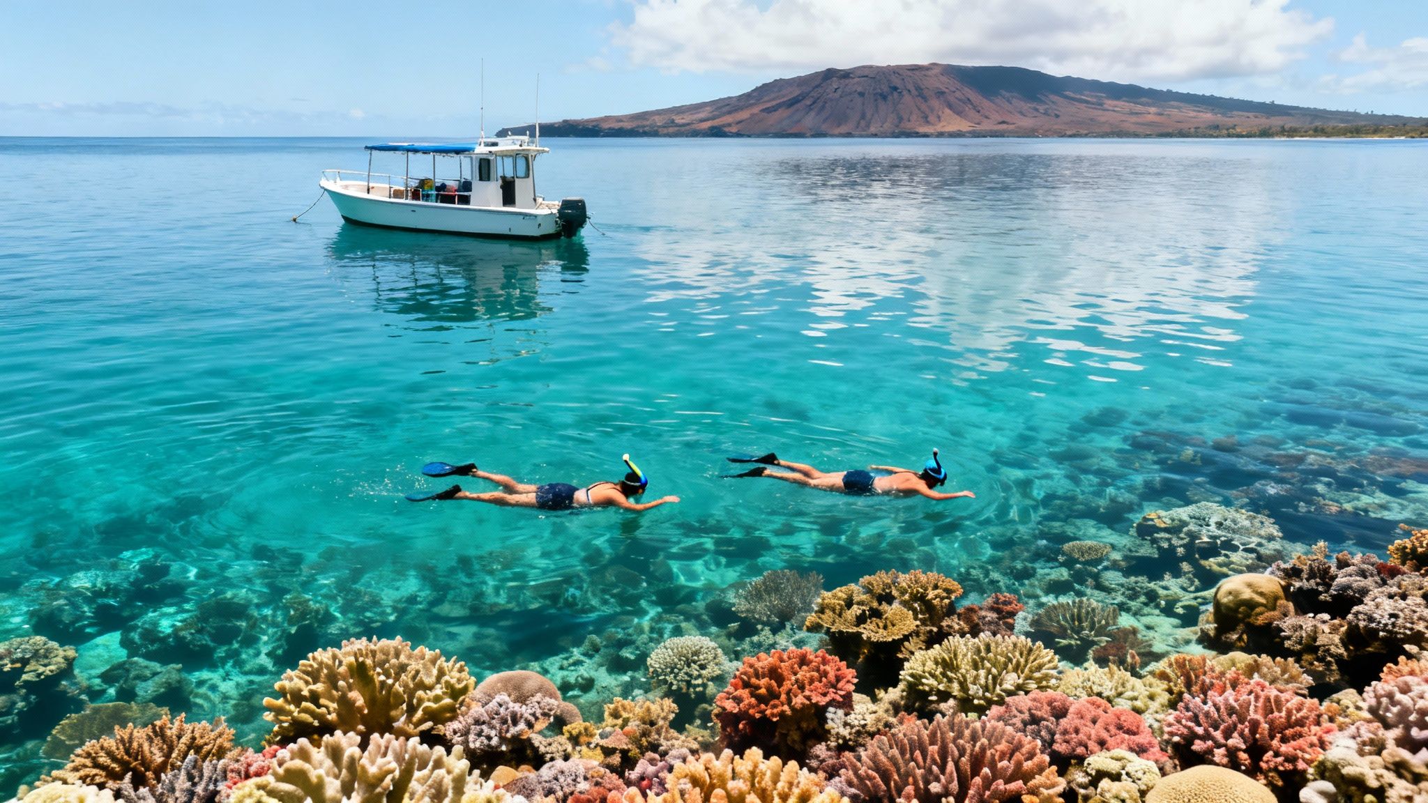 Two snorkelers exploring vibrant coral reef in crystal clear turquoise Hawaiian waters near boat